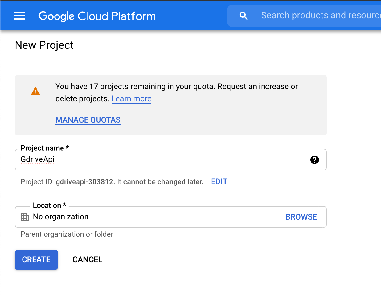 Create a new project on the Google Cloud Platform