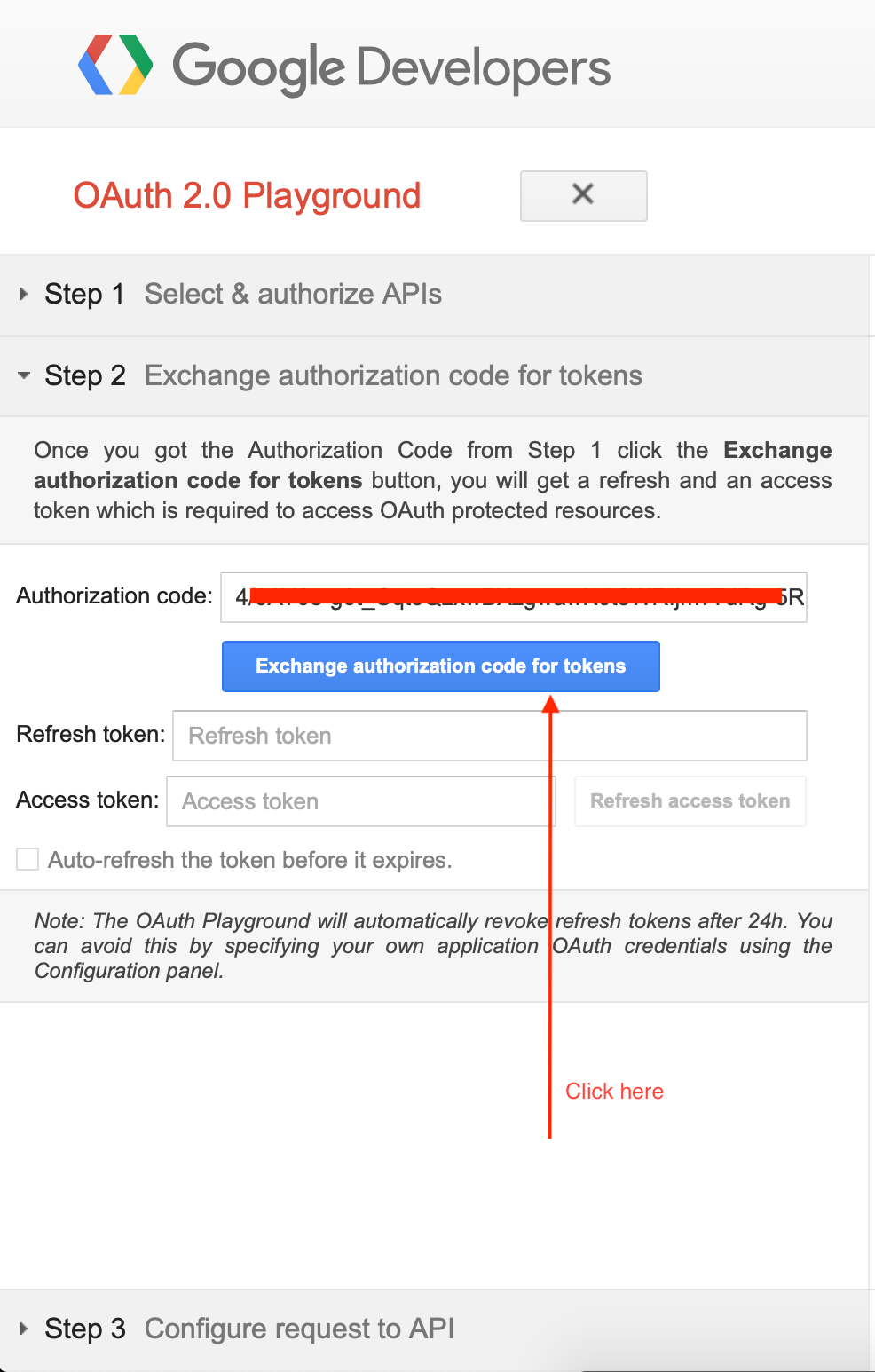 Get the refresh token: Exchange authorization code for tokens.