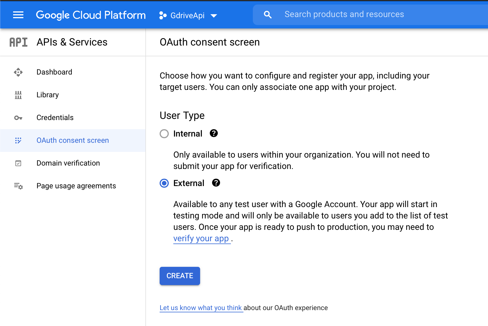 Configure consent screen: select user type