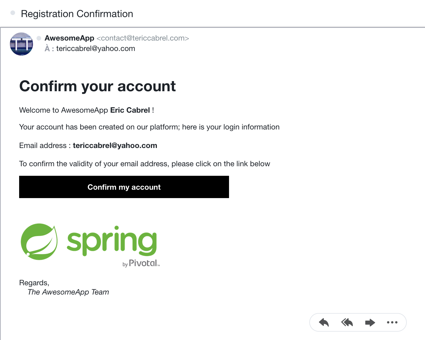 Email received in the inbox that was sent from the Spring Boot application.