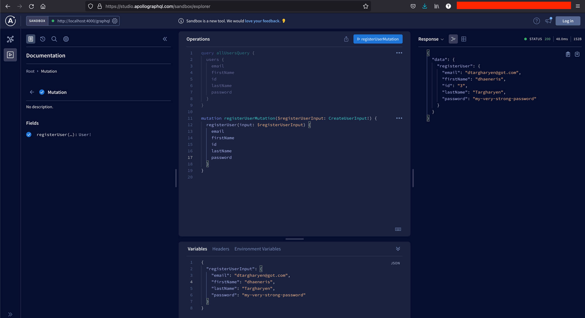 Successfully register a new user using the mutation registerUser().