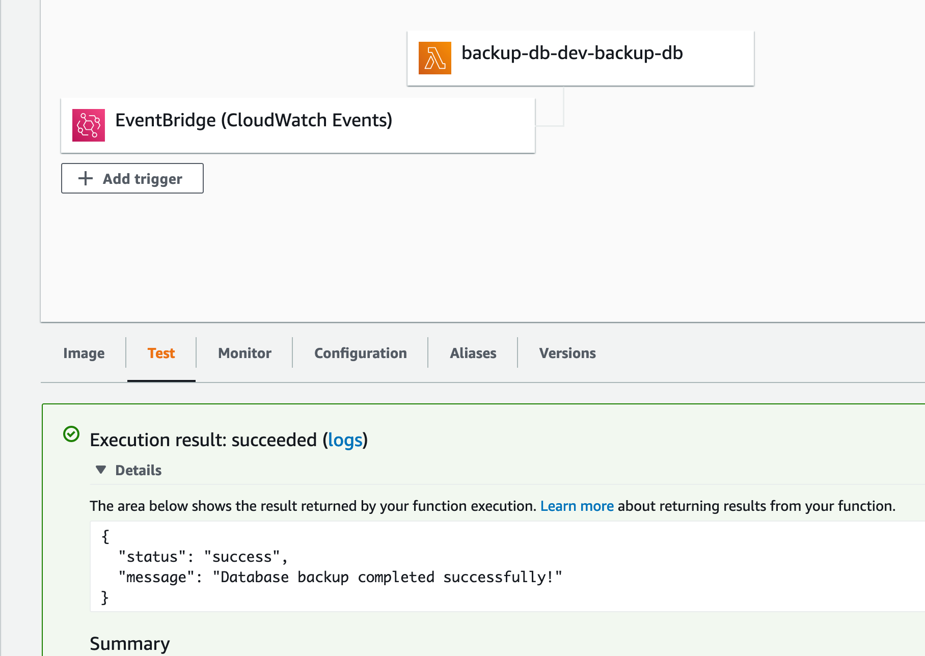 Trigger the Lambda function from the AWS console.