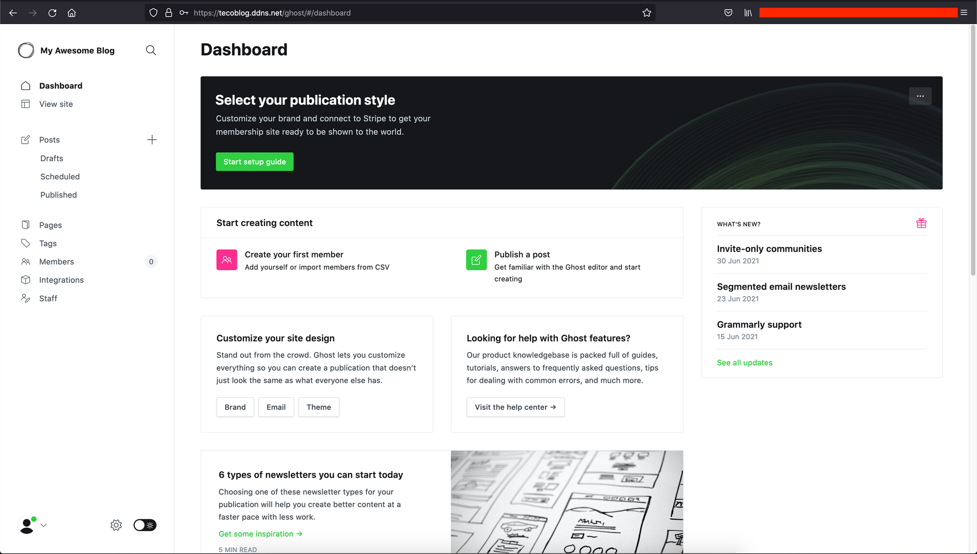 Ghost administration dashboard page.