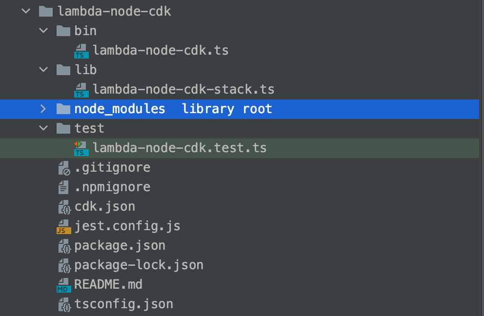 Project structure of Node.js app created by the AWS CDK.