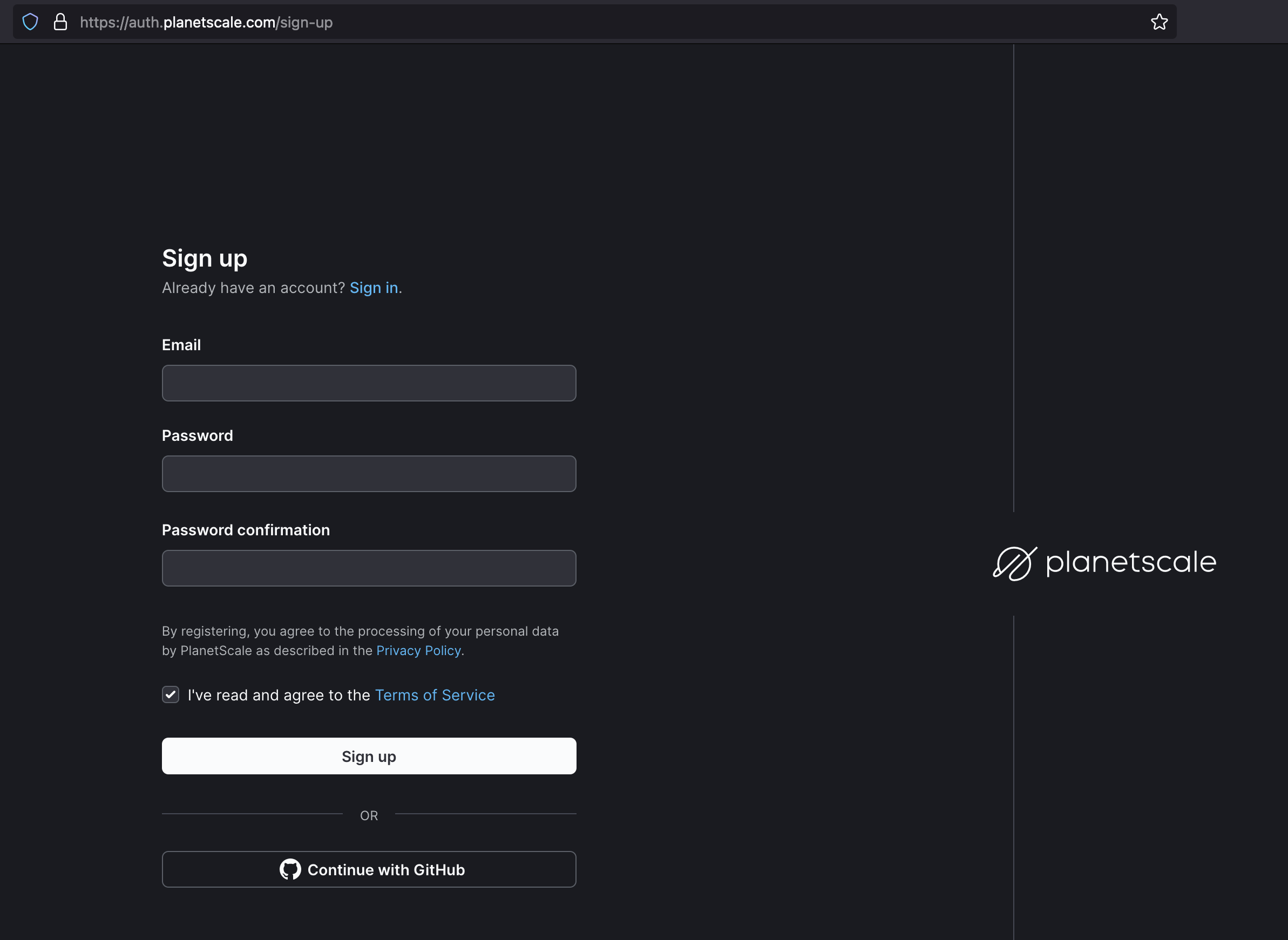 The PlanetScale signup page.