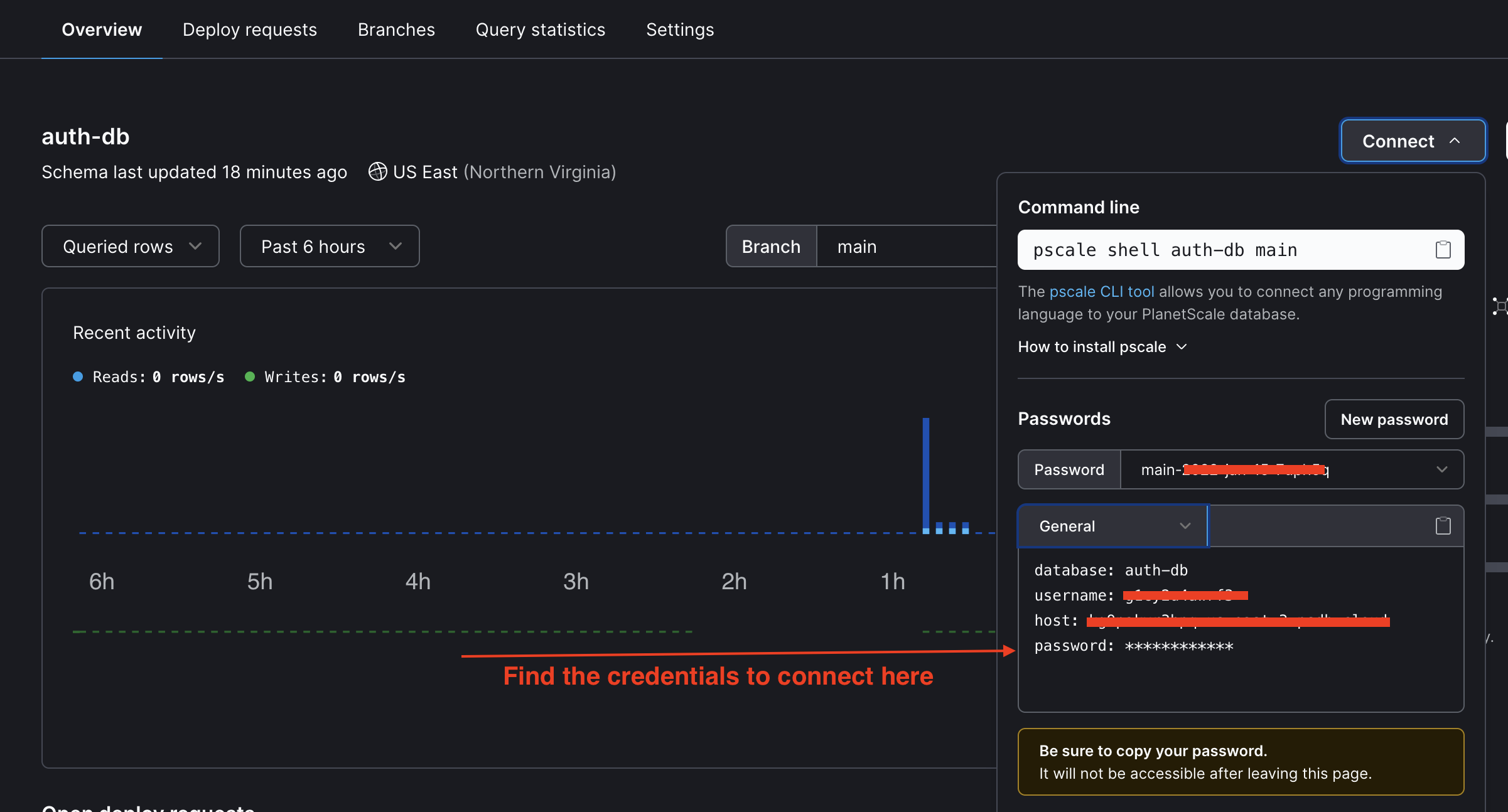 View the credentials to connect to the database from an external tool