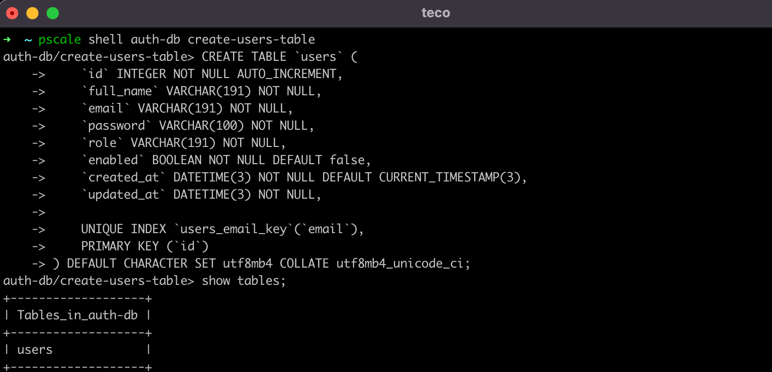 Create the table "users" through the PlanetScale shell.