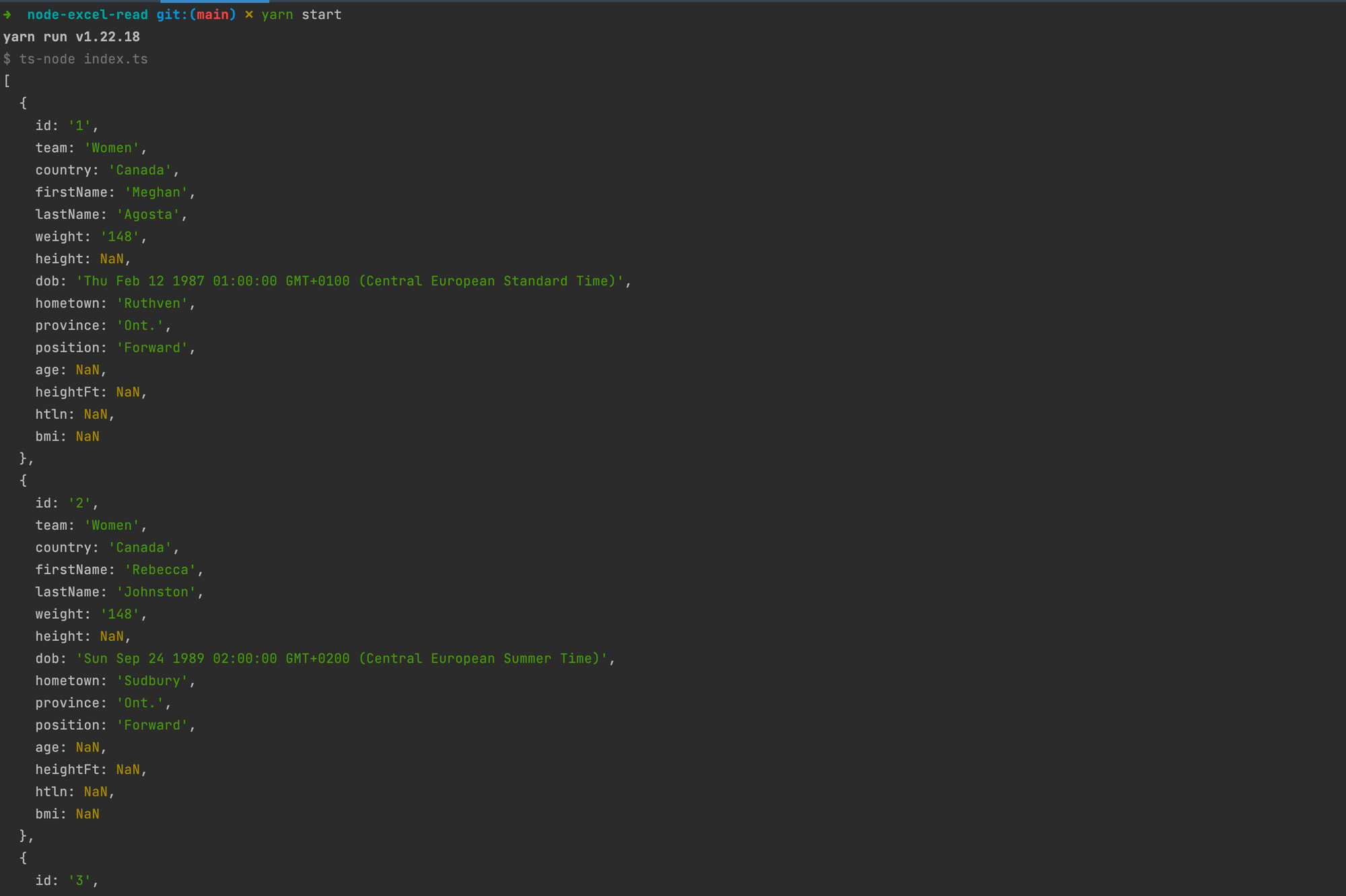 Display the content of the Excel file in the console.