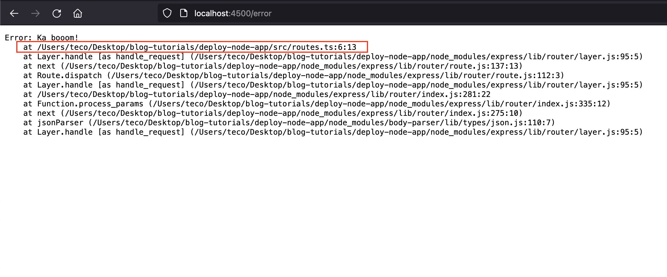 The stack trace of an error thrown in a non standalone bundle file.