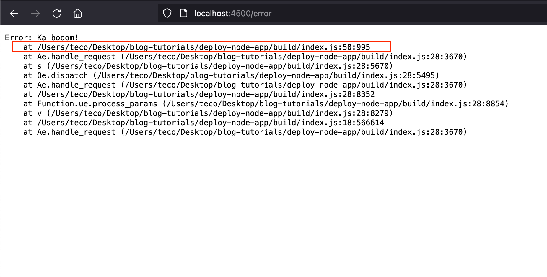 The stack trace of an error thrown in a standalone bundle file.