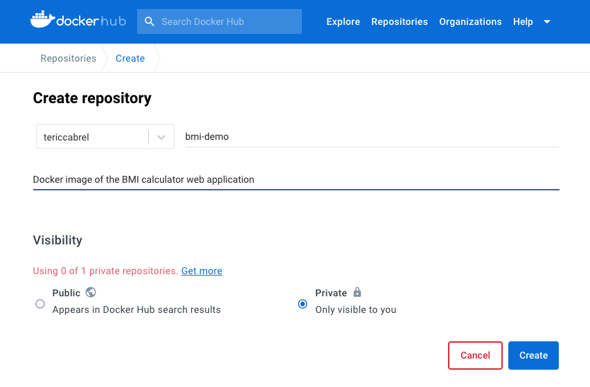 Create a private repository in the Docker Hub