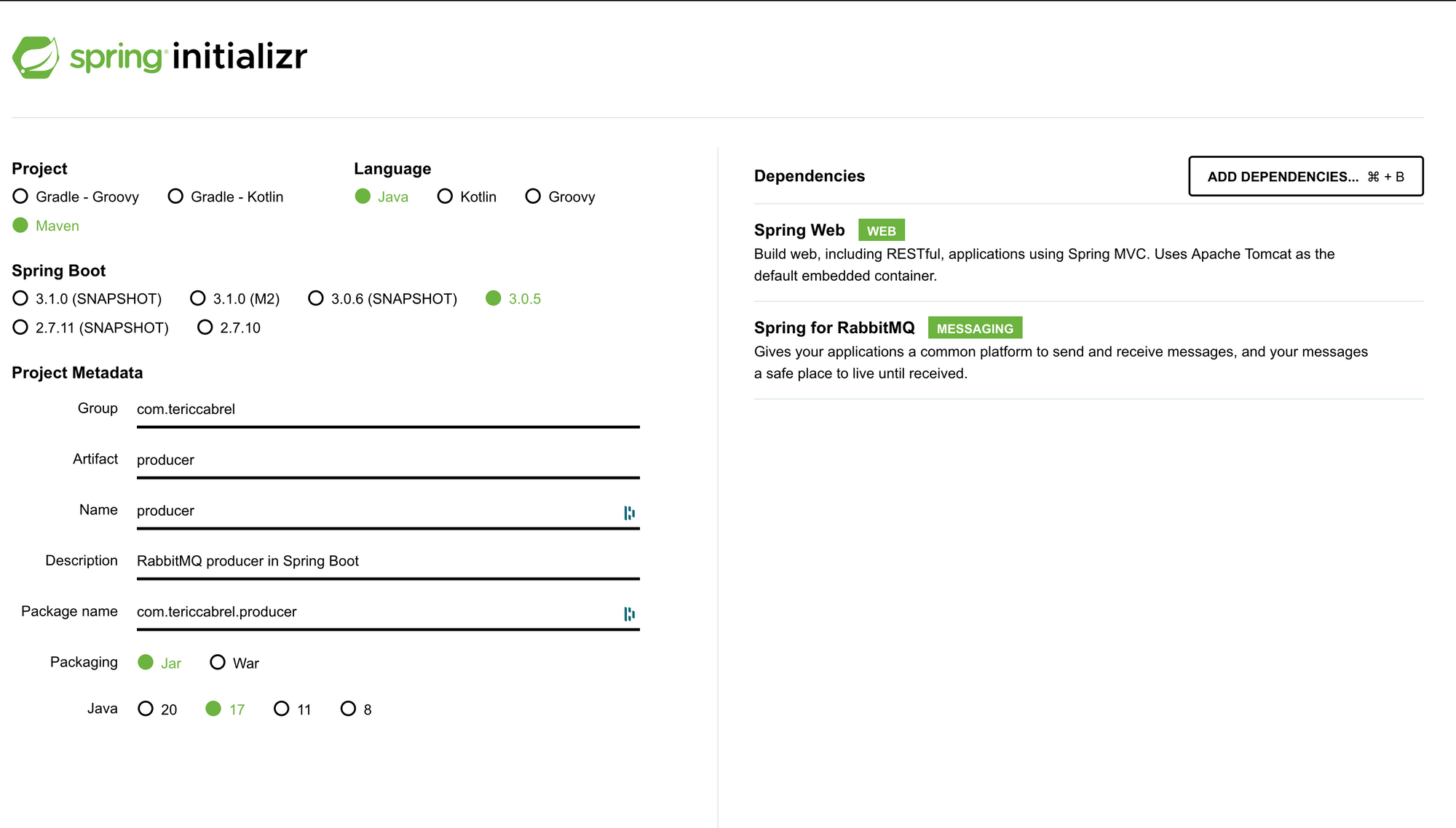 Create the Spring Boot project for the RabbitMQ producer.