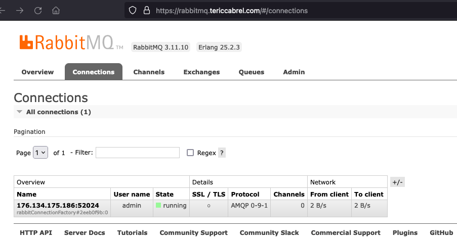 List of clients connected to the RabbitMQ server.