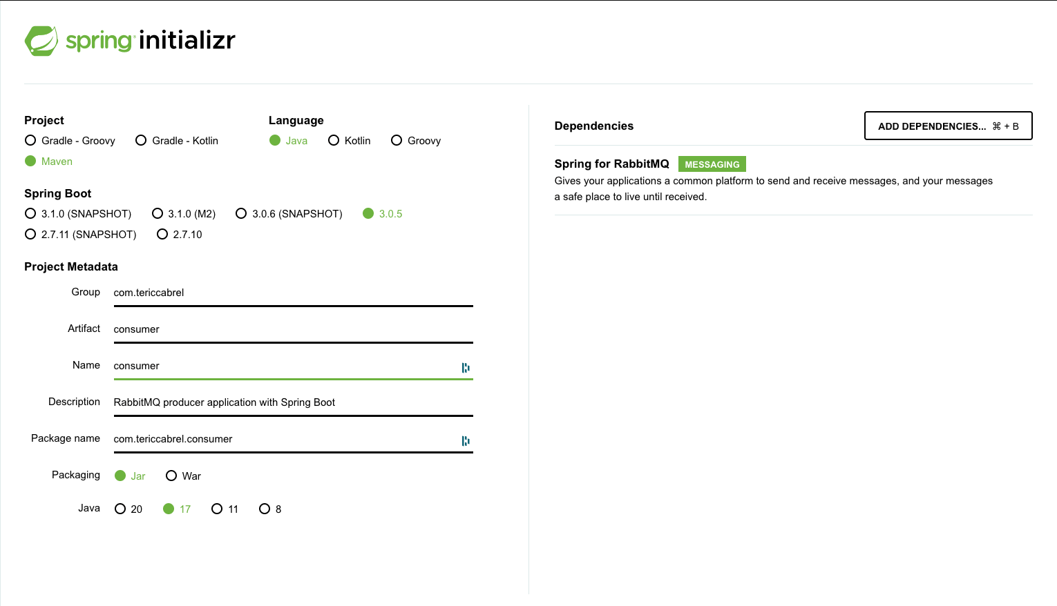 Create the Spring Boot project for the RabbitMQ consumer.