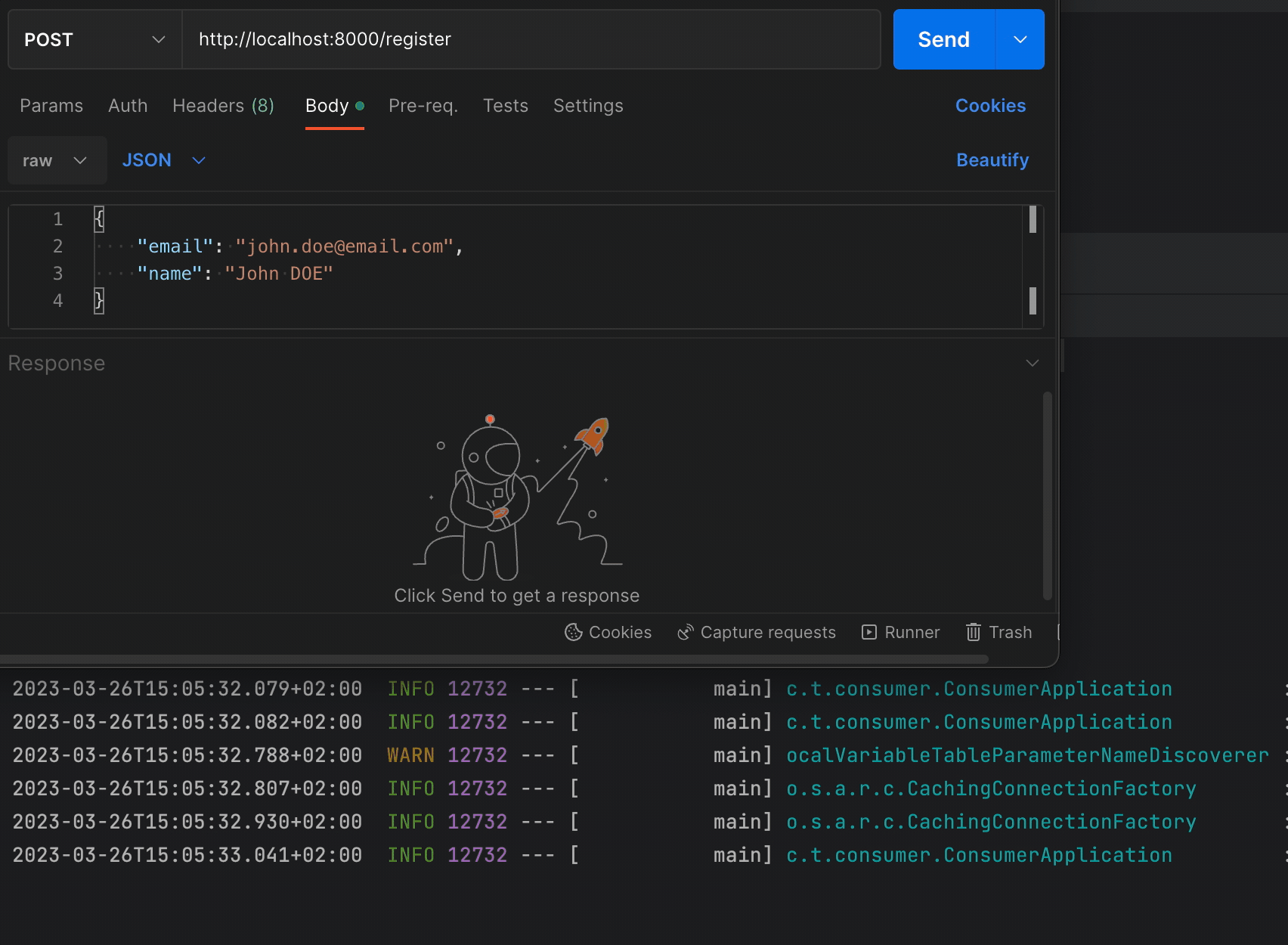 The producer and consumer exchange messages through the RabbitMQ queue.