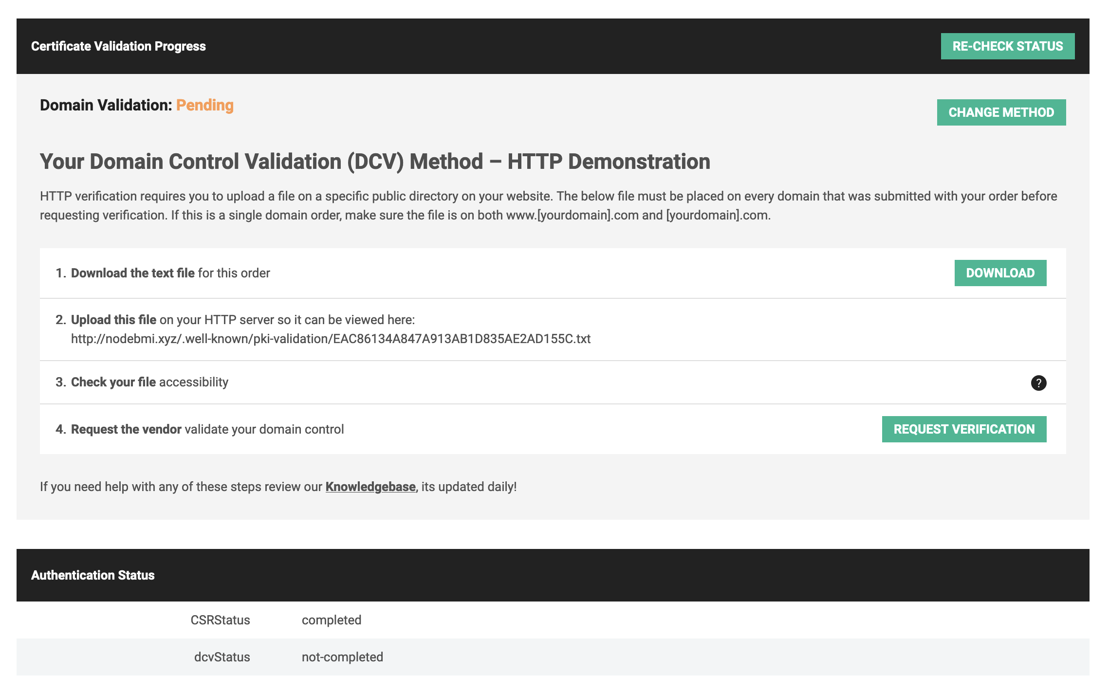 Instruction to perform the domain validation.