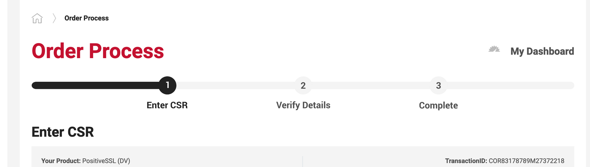 SSL certificate order waiting for CSR to be generated.