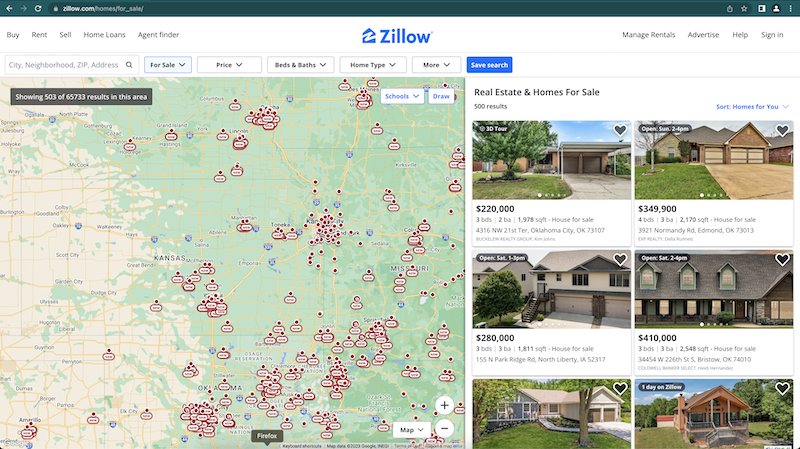 The Zillow's page shows homes for sale.