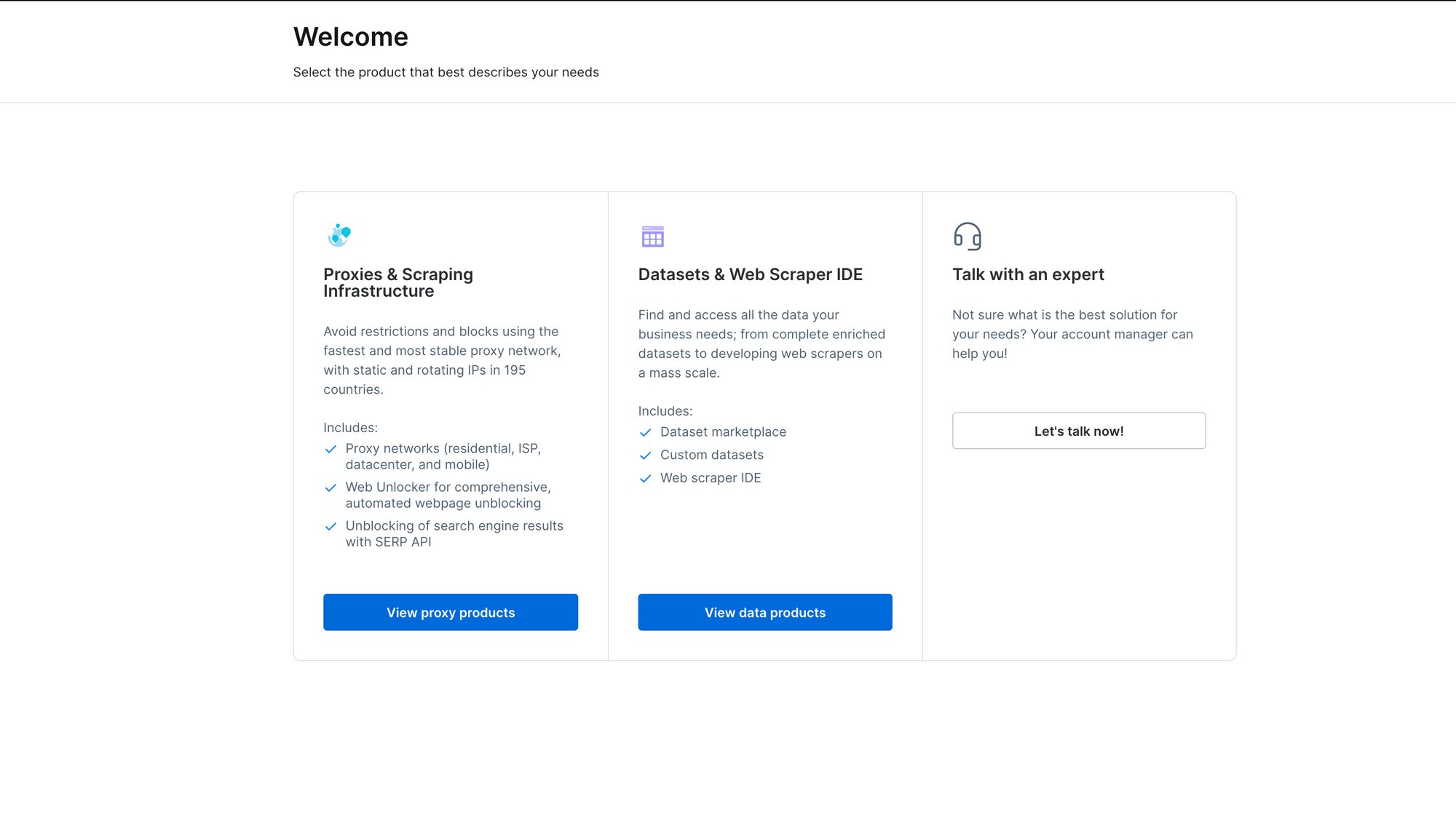 The Bright Data user dashboard page.