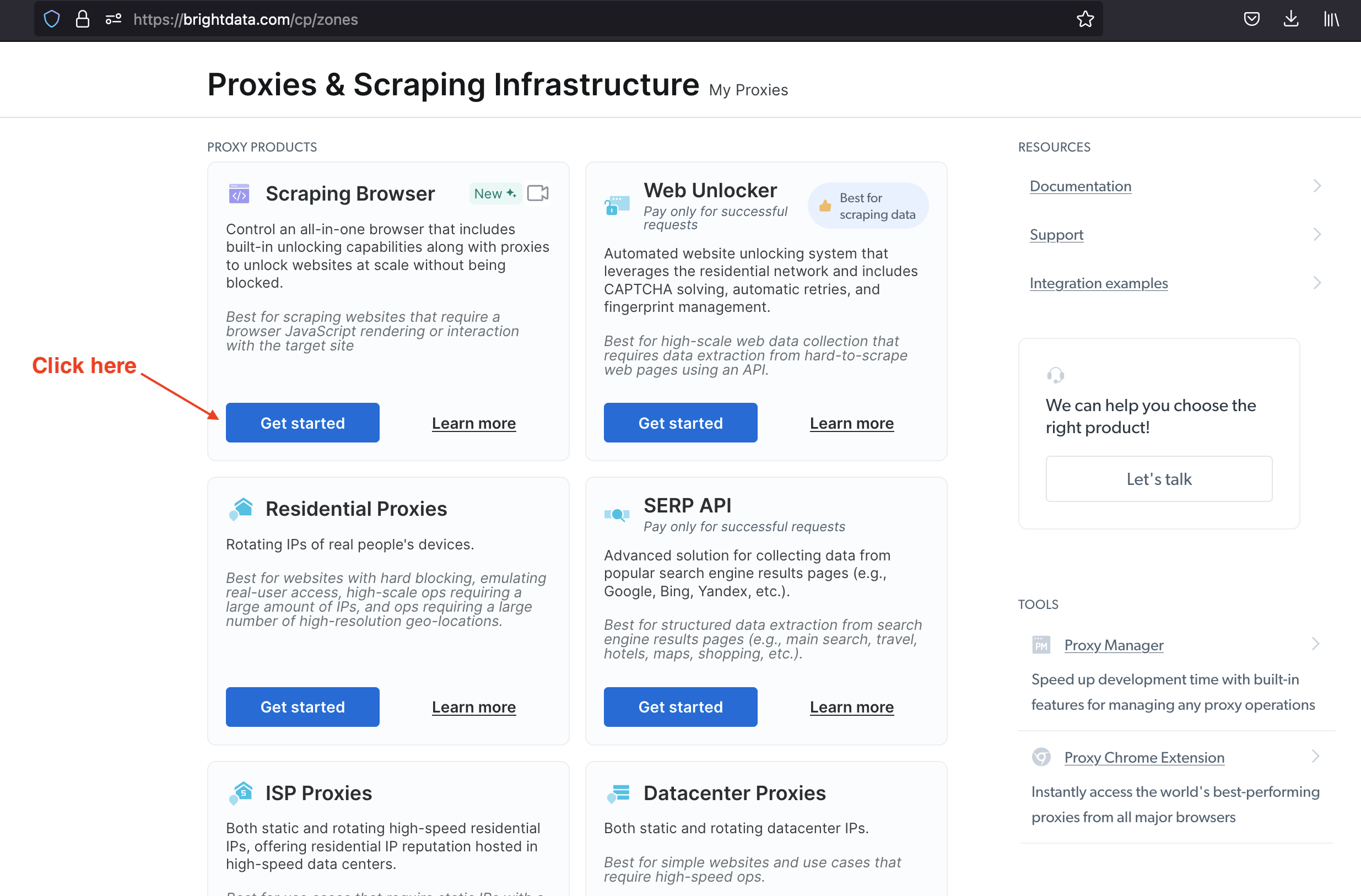 Browse the Bright Data proxy products list.