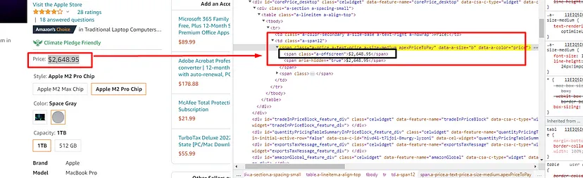 Find the HTML tag associated with the price title on the Amazon page.