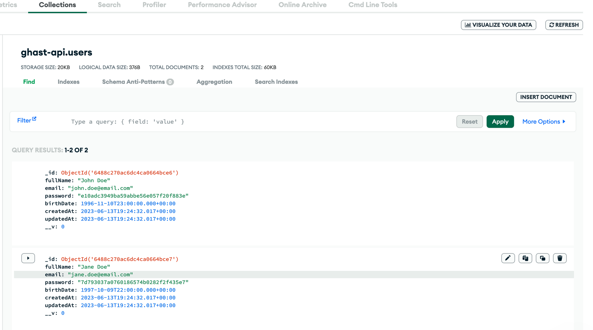 Browse the users collections from the MongoDB Atlas cloud console.