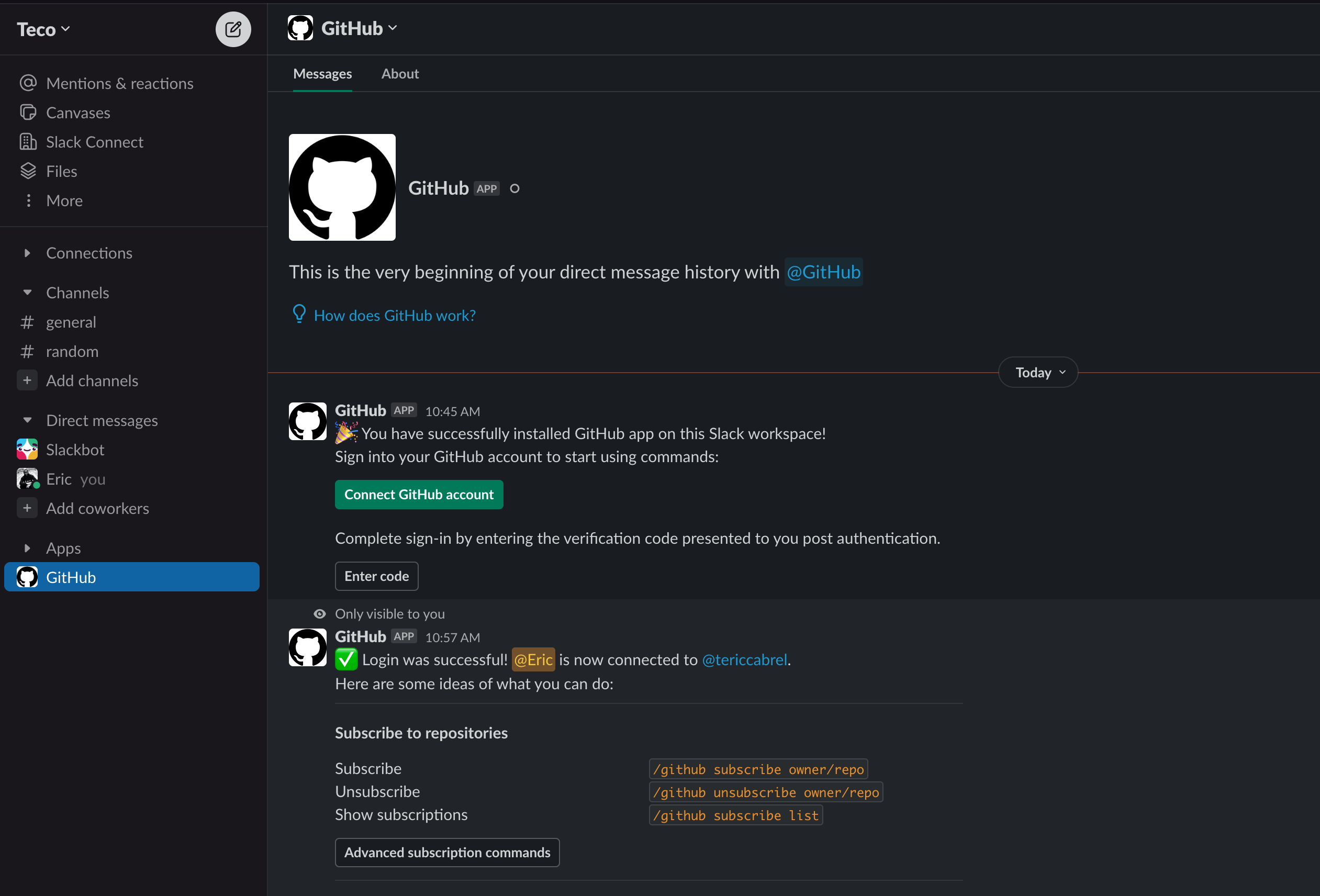 The GitHub account is successfully connected.