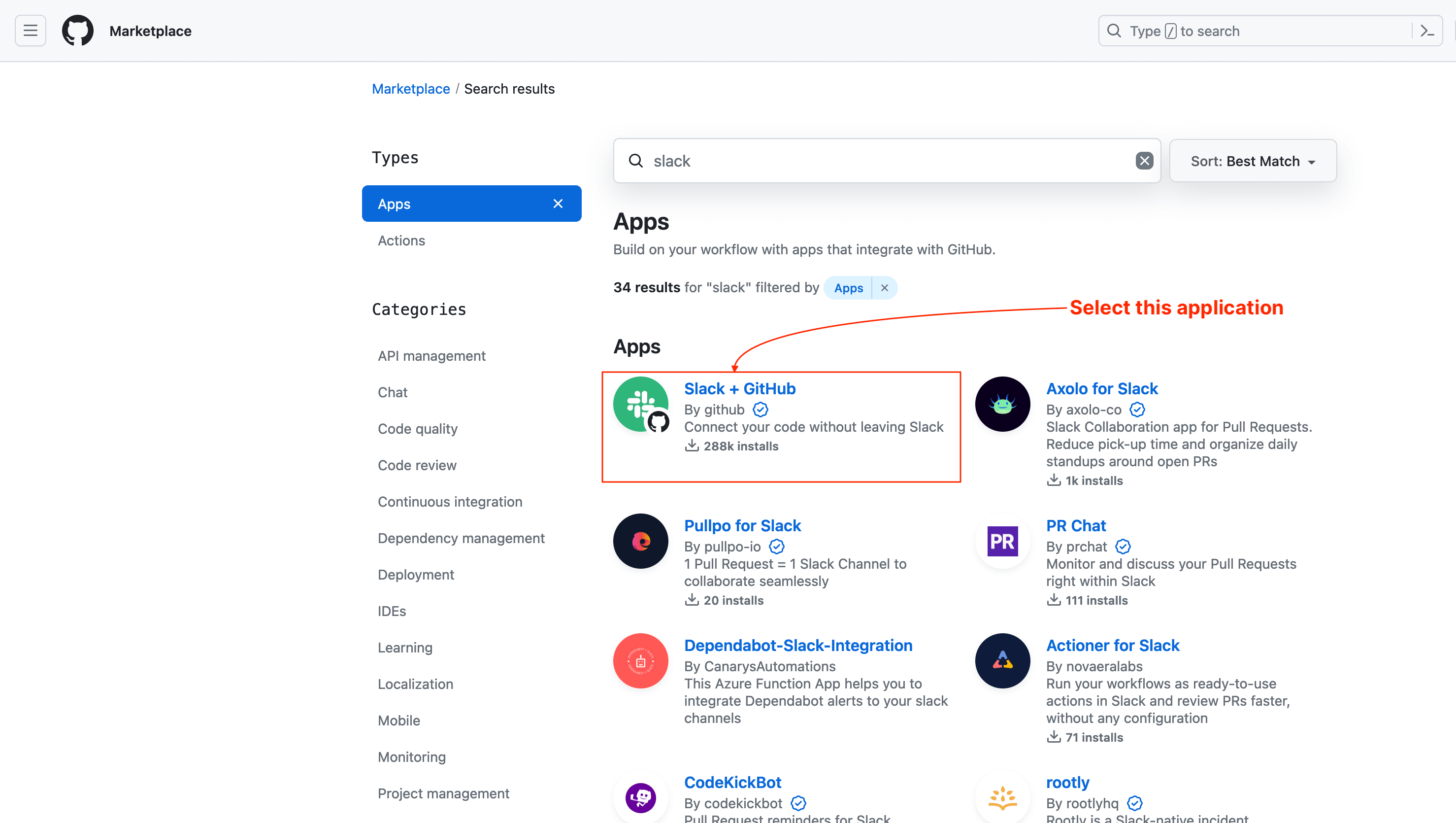 Search the Slack application in the GitHub marketplace.