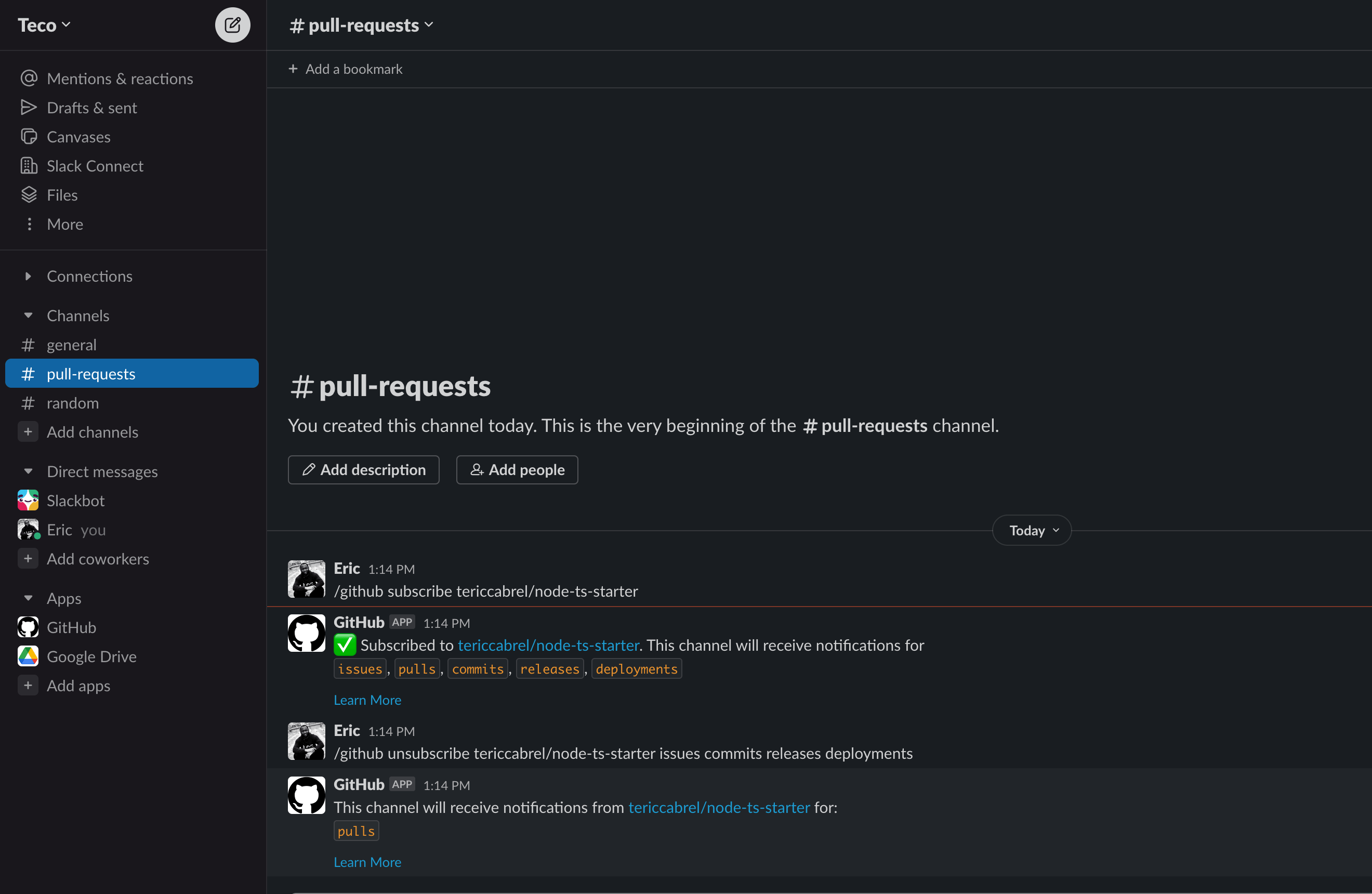 Subscribe to pull request events in the Slack channel.