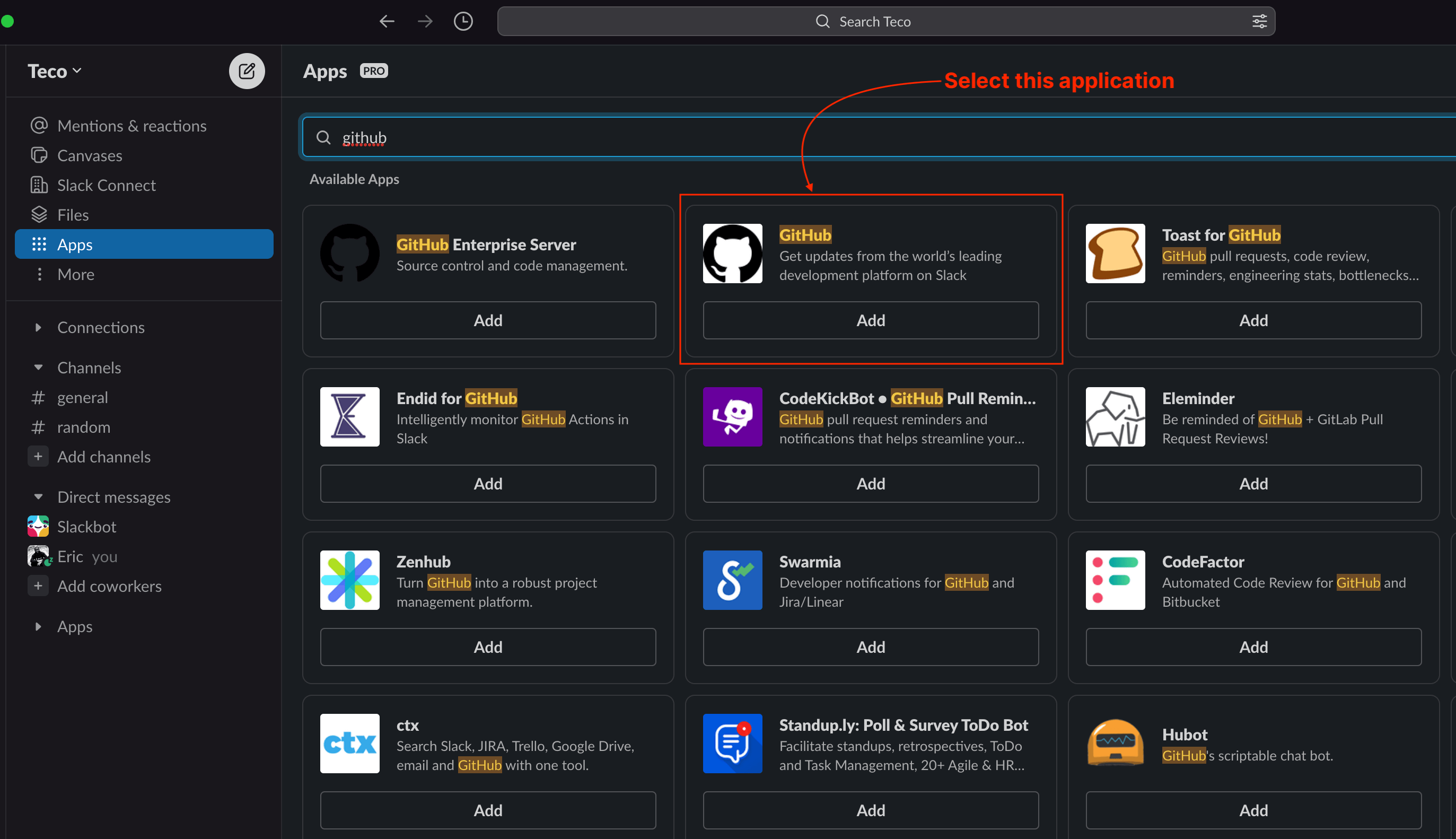 Search the GitHub application in the Slack marketplace.