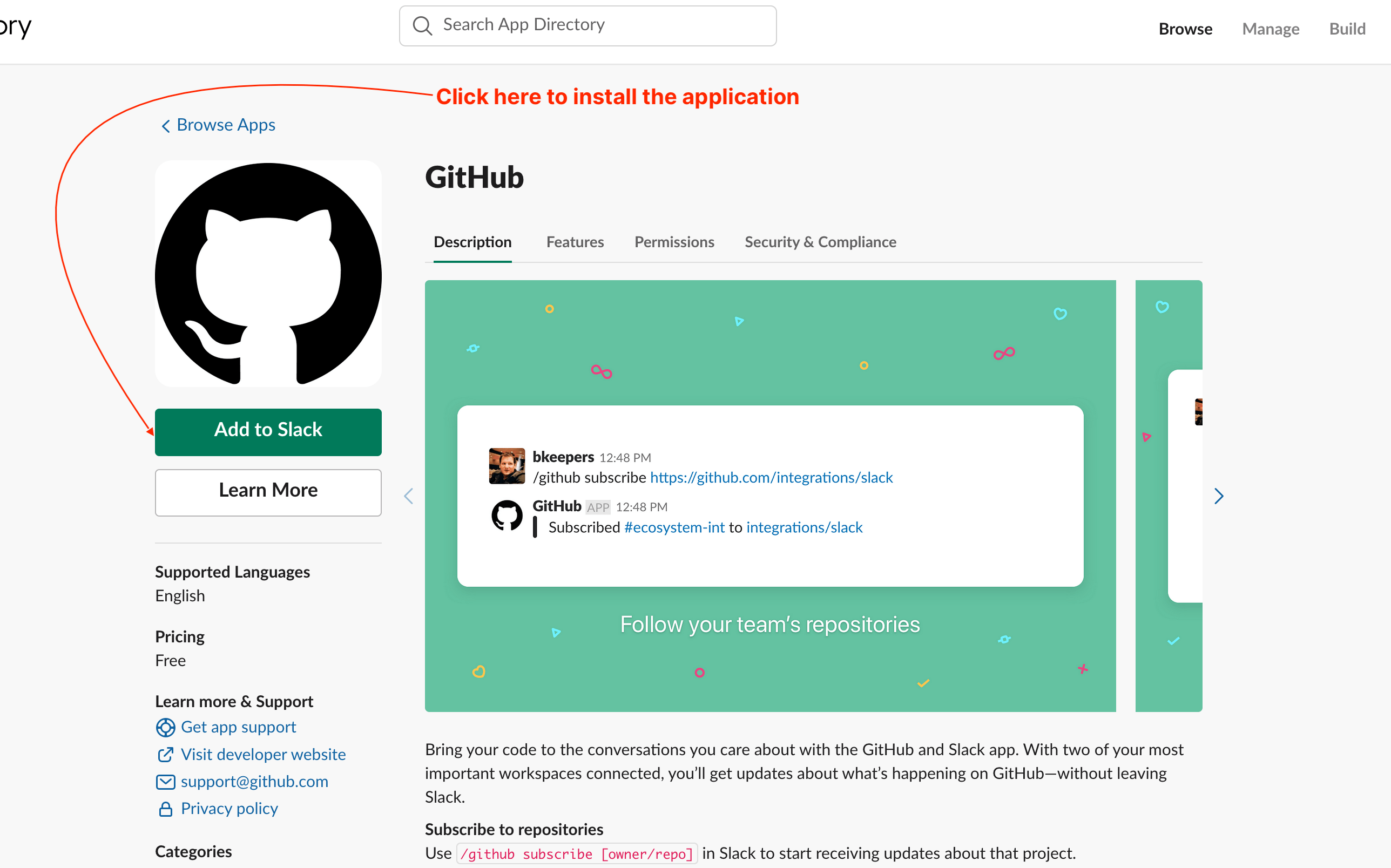 Add the GitHub application for Slack