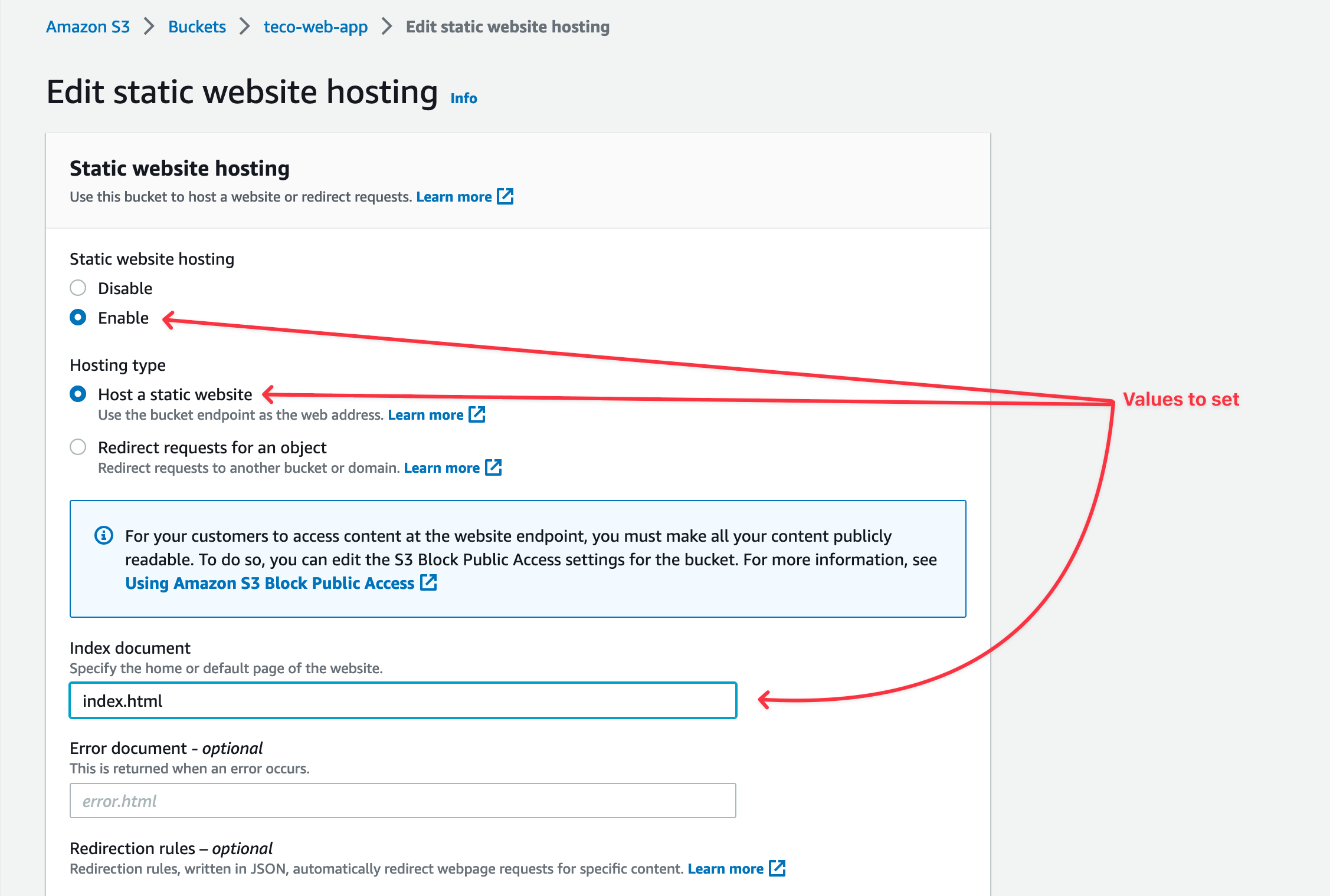 New values for the static website hosting settings.