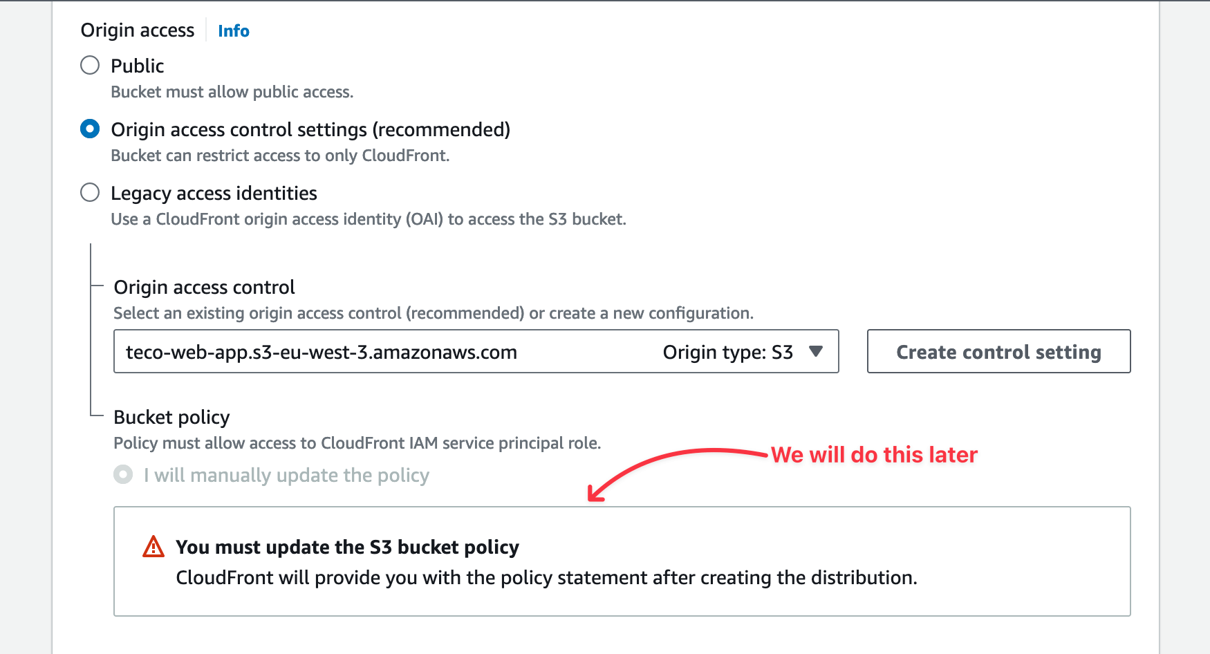 The CloudFront distribution origin access is defined.