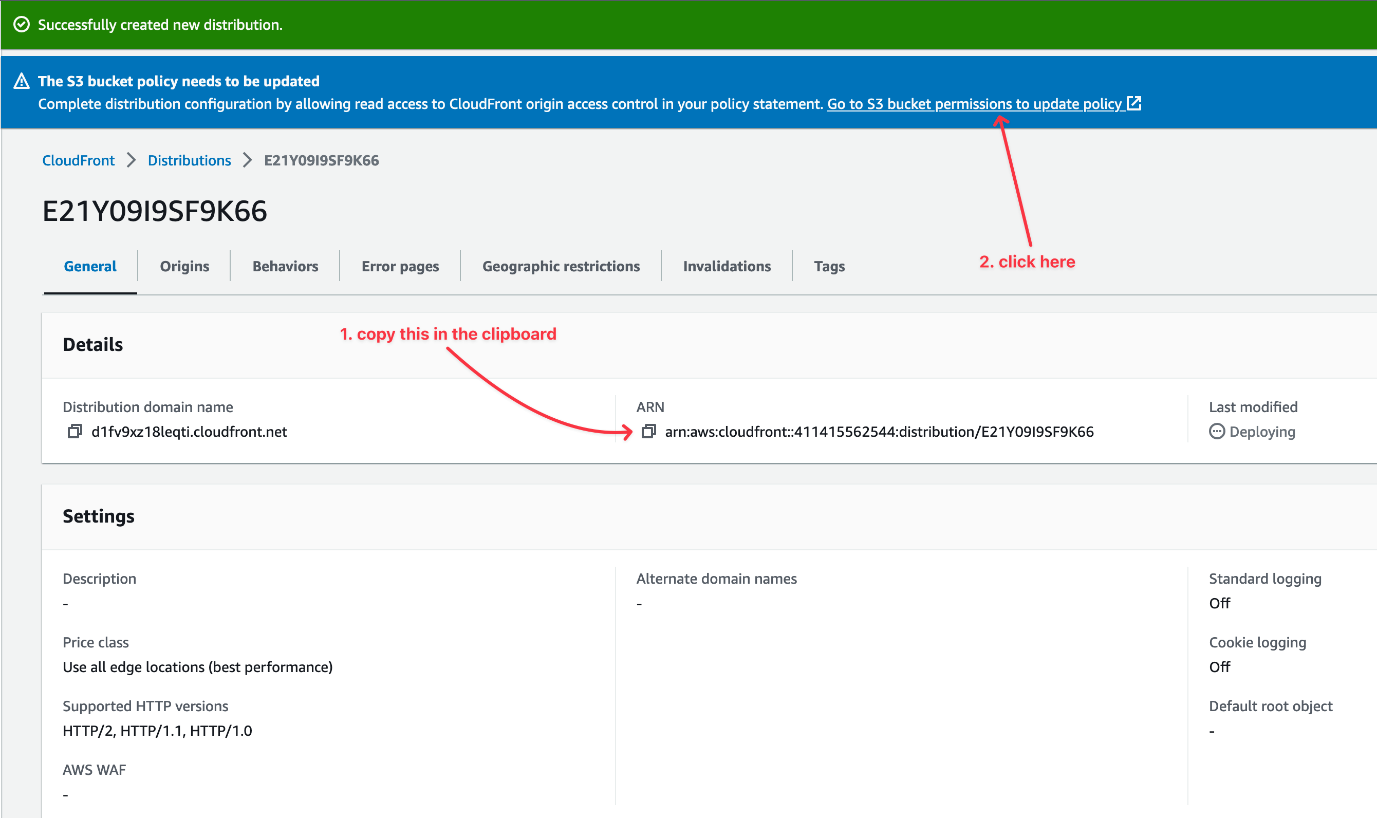 The CloudFront distribution is successfully created.