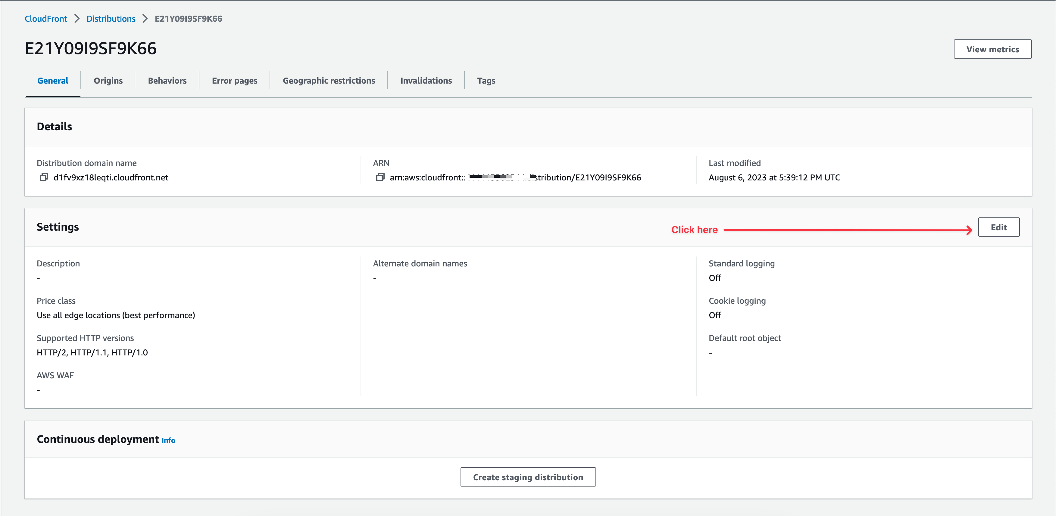 Edit CloudFront distribution settings.