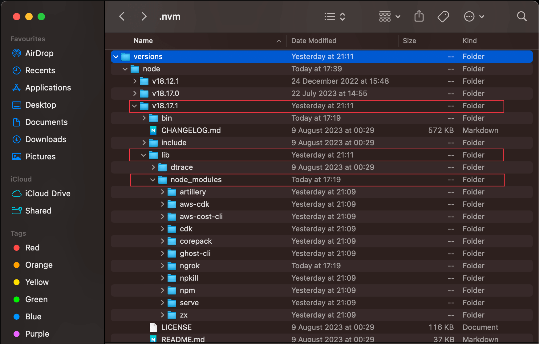 Node.js global packages location in the NVM folder.