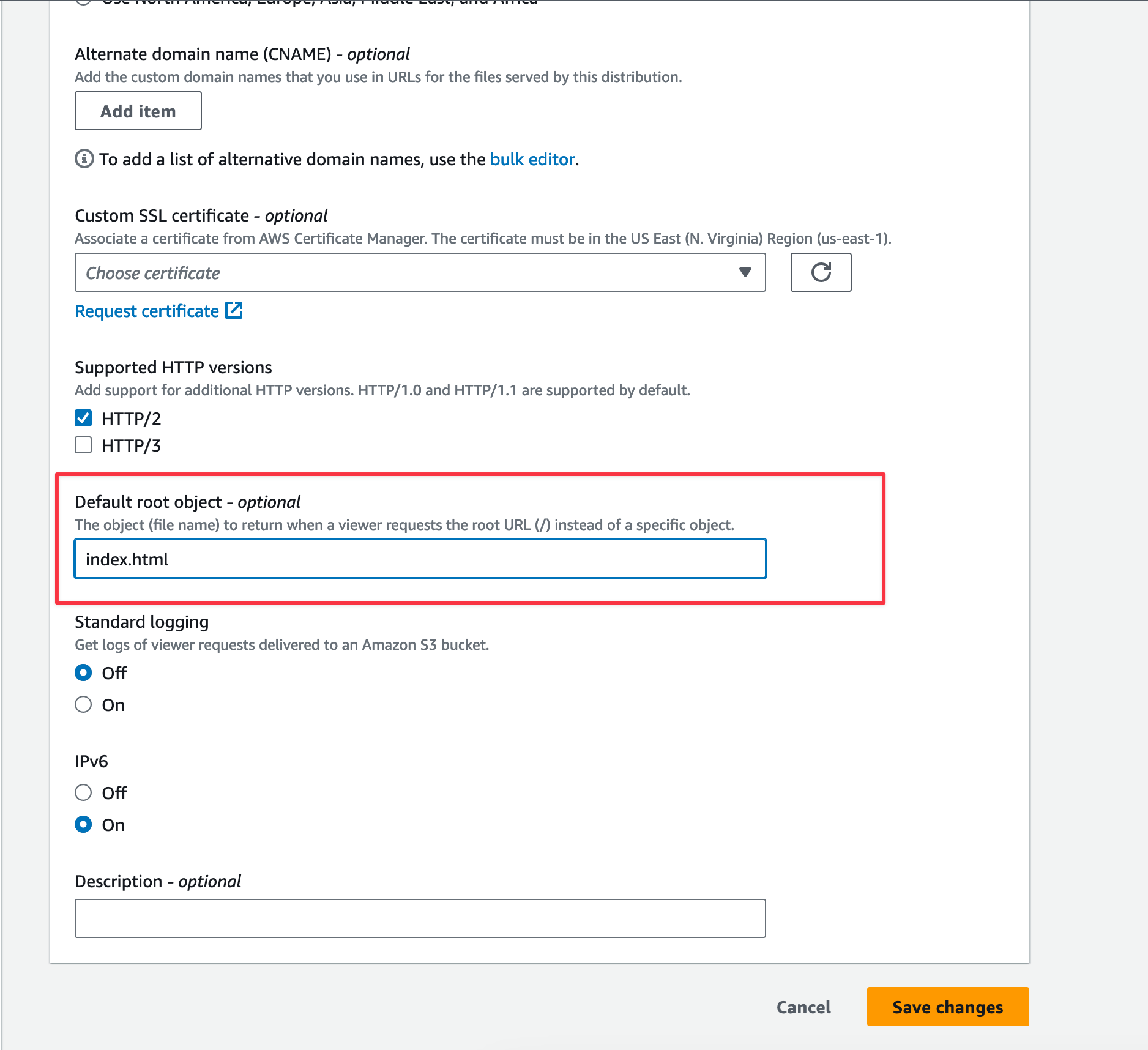 Set the default root object for the CloudFront distribution.