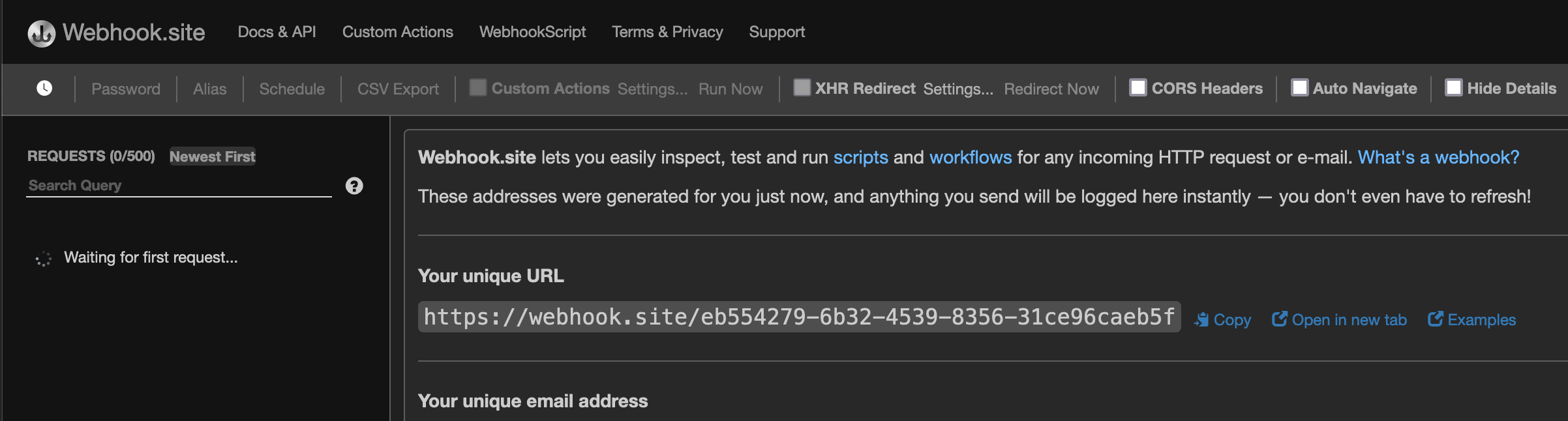 The WebHook unique URL generated from webhook.site