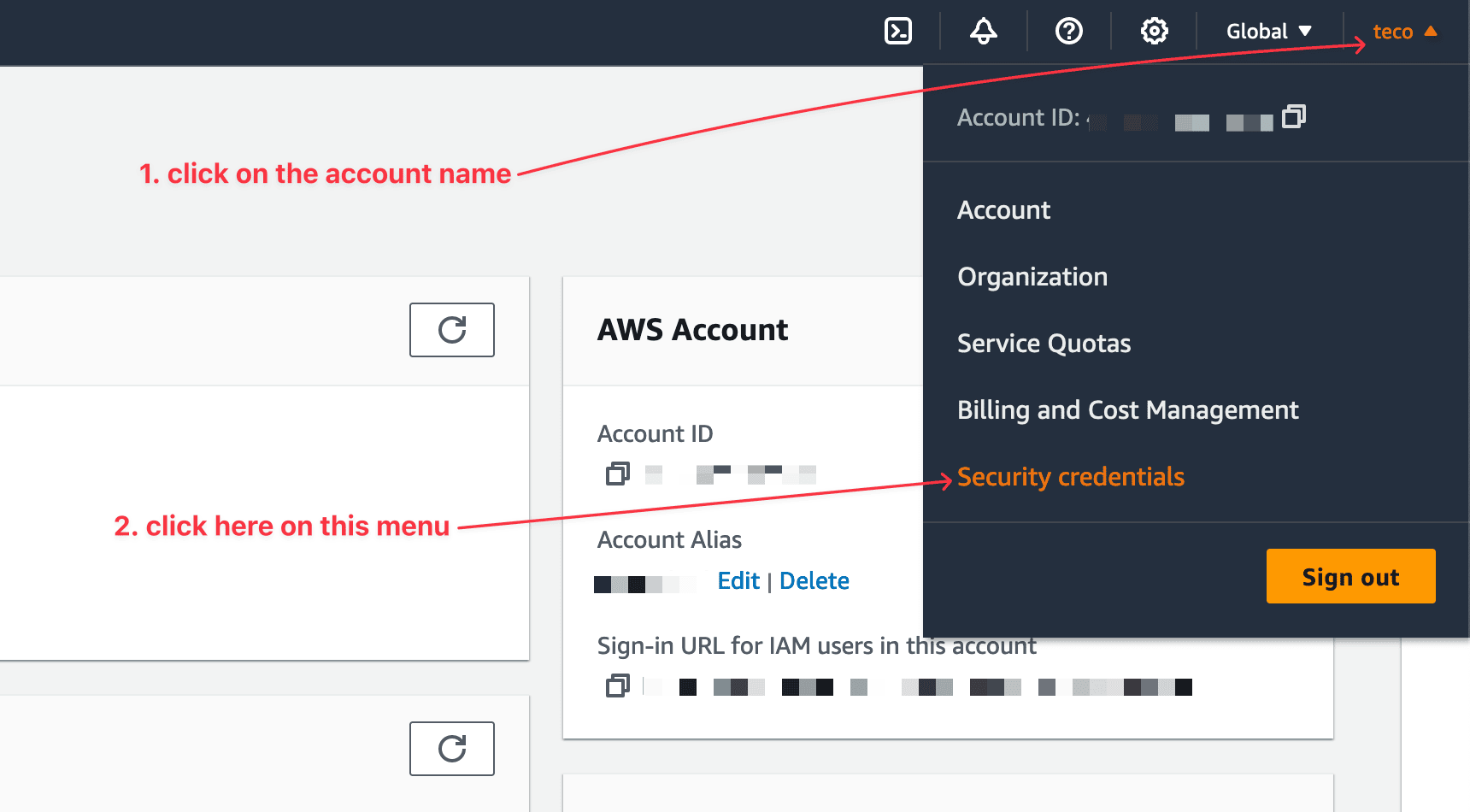 Go to the AWS account security credentials page.