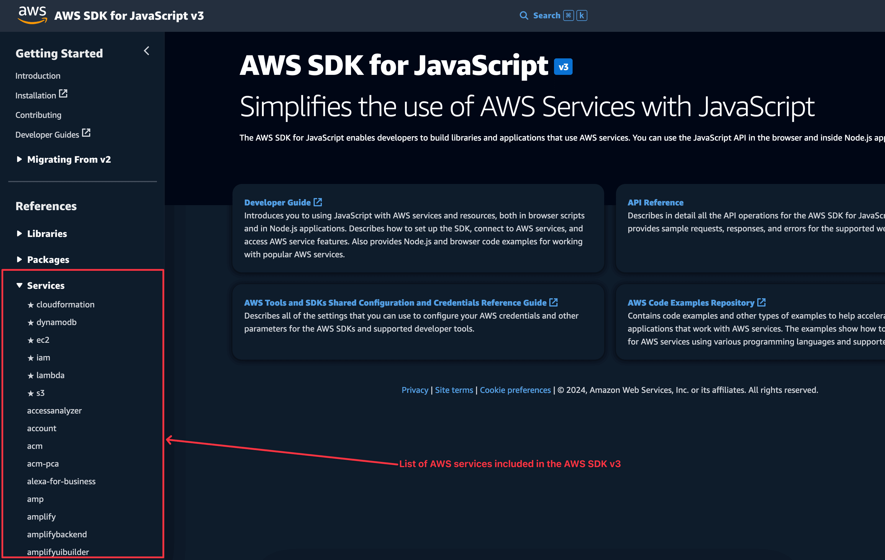 Homepage of the AWS SDK for JavaScript v3.