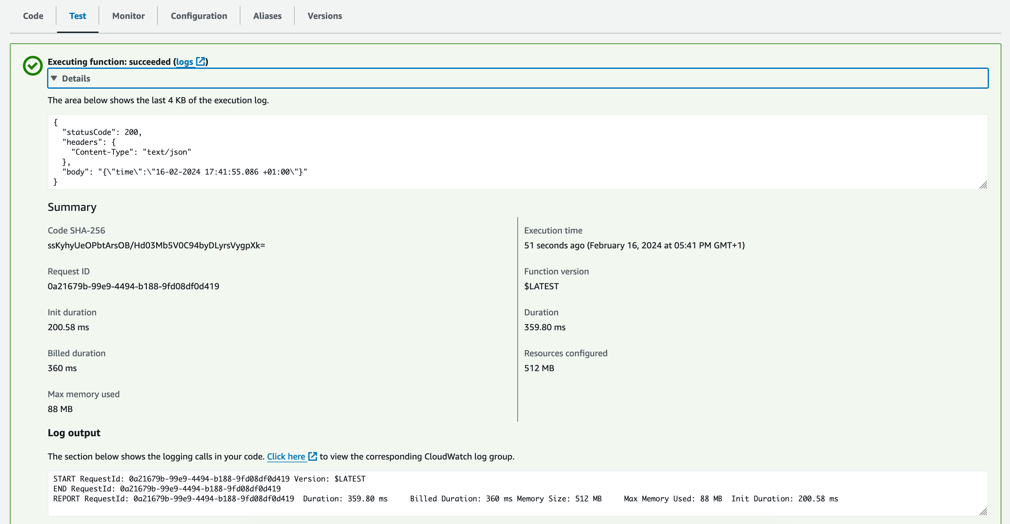 Execute the Lambda Function in the AWS console.