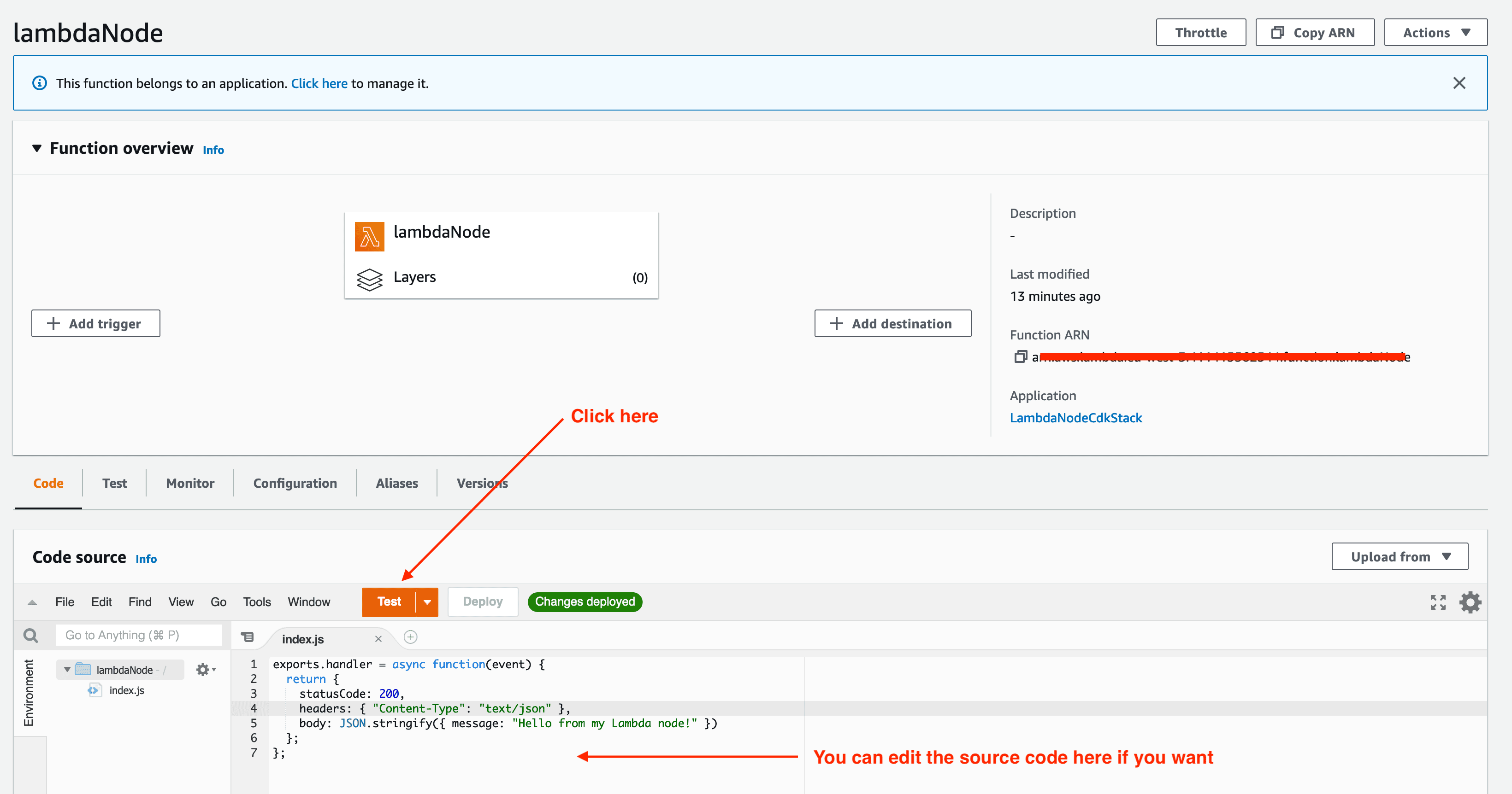 Page with the details about the Lambda Function.