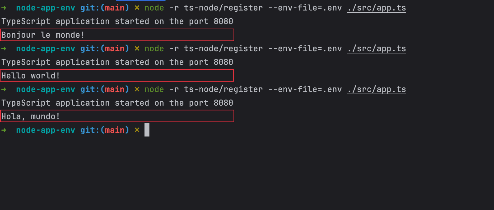 Run a TypeScript Node.js application with environment variables.
