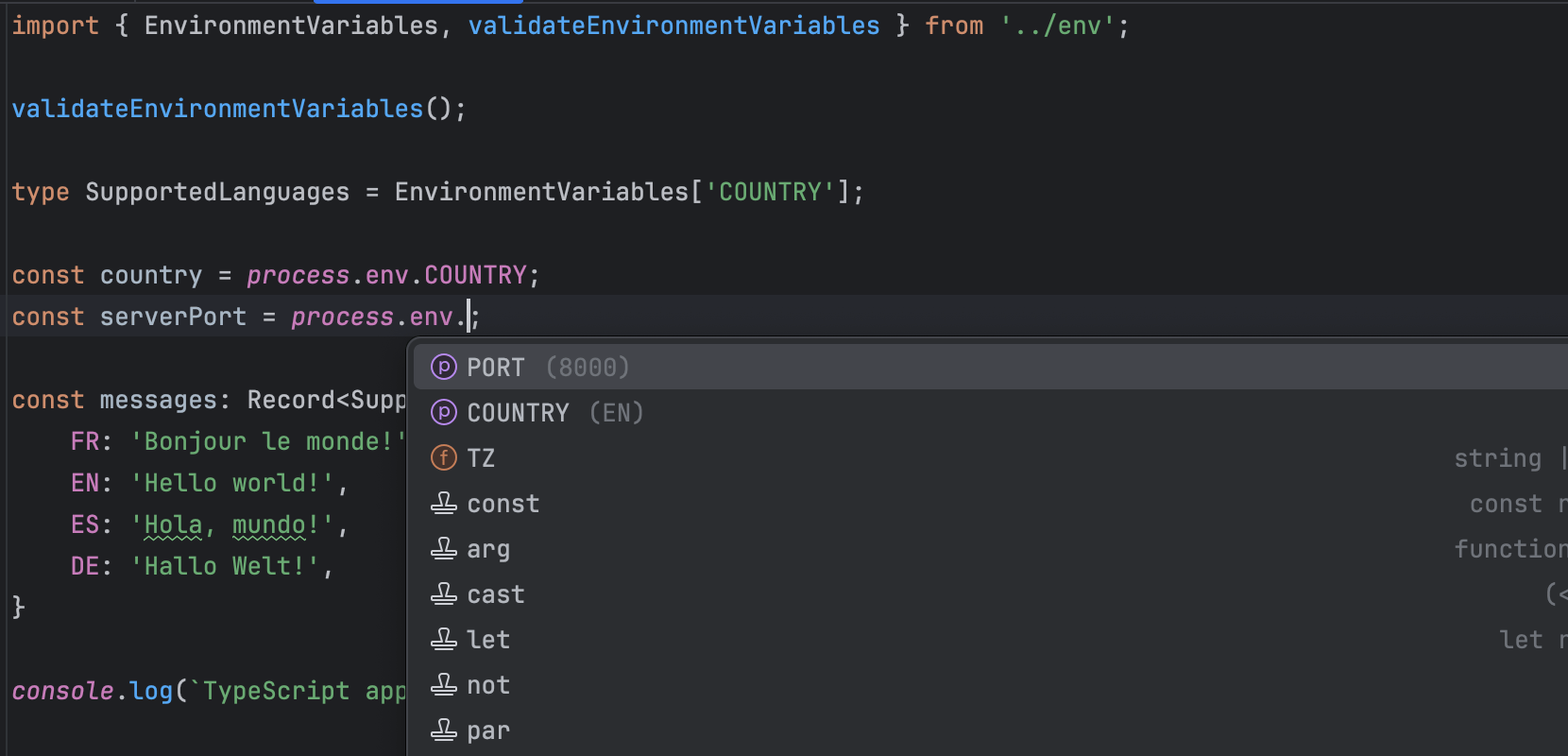 TypeScript autocompletion is available on custom environment variables.