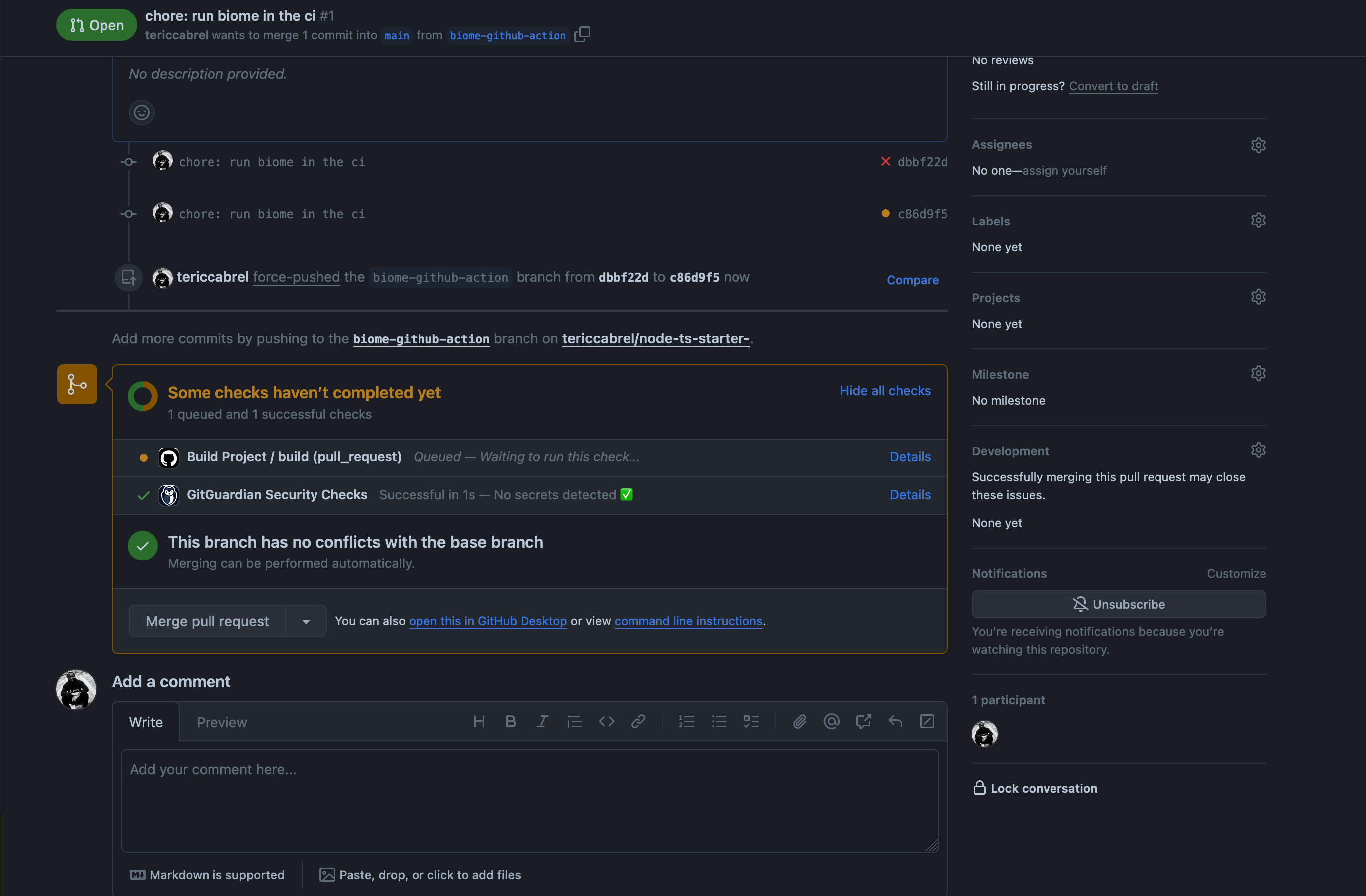 The GitHub Actions workflow running in the Pull Request.