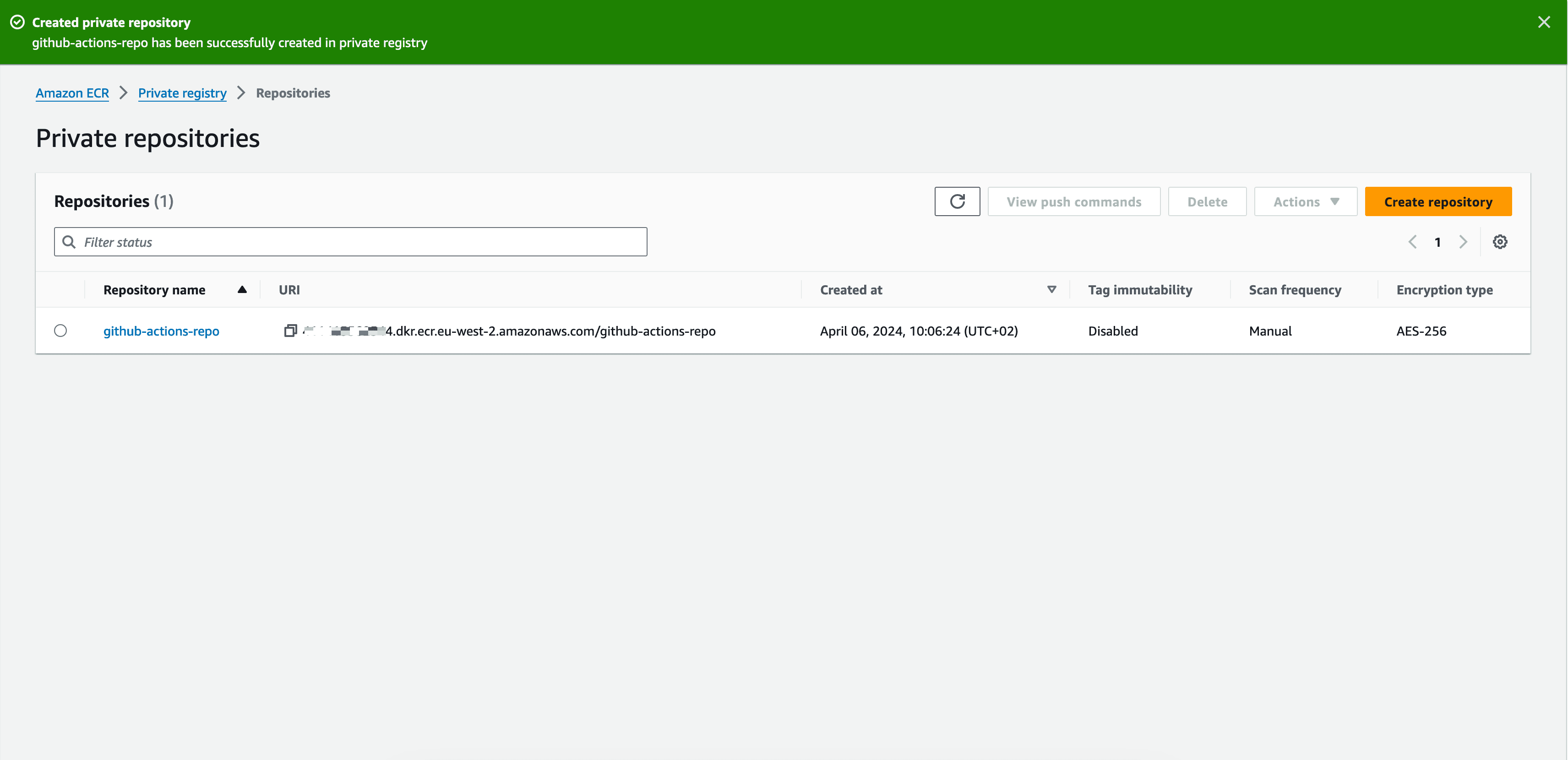 The private ECR repository has been successfully created.