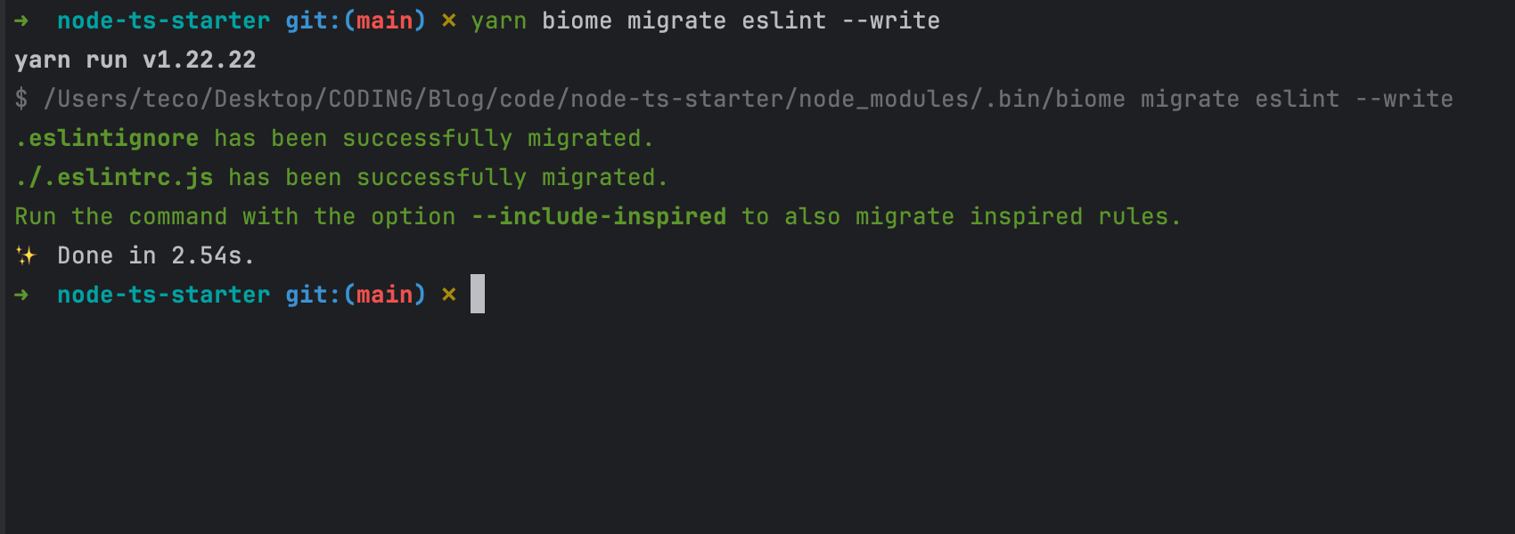 Migrate a Node.js project from ESLint and Prettier to Biome
