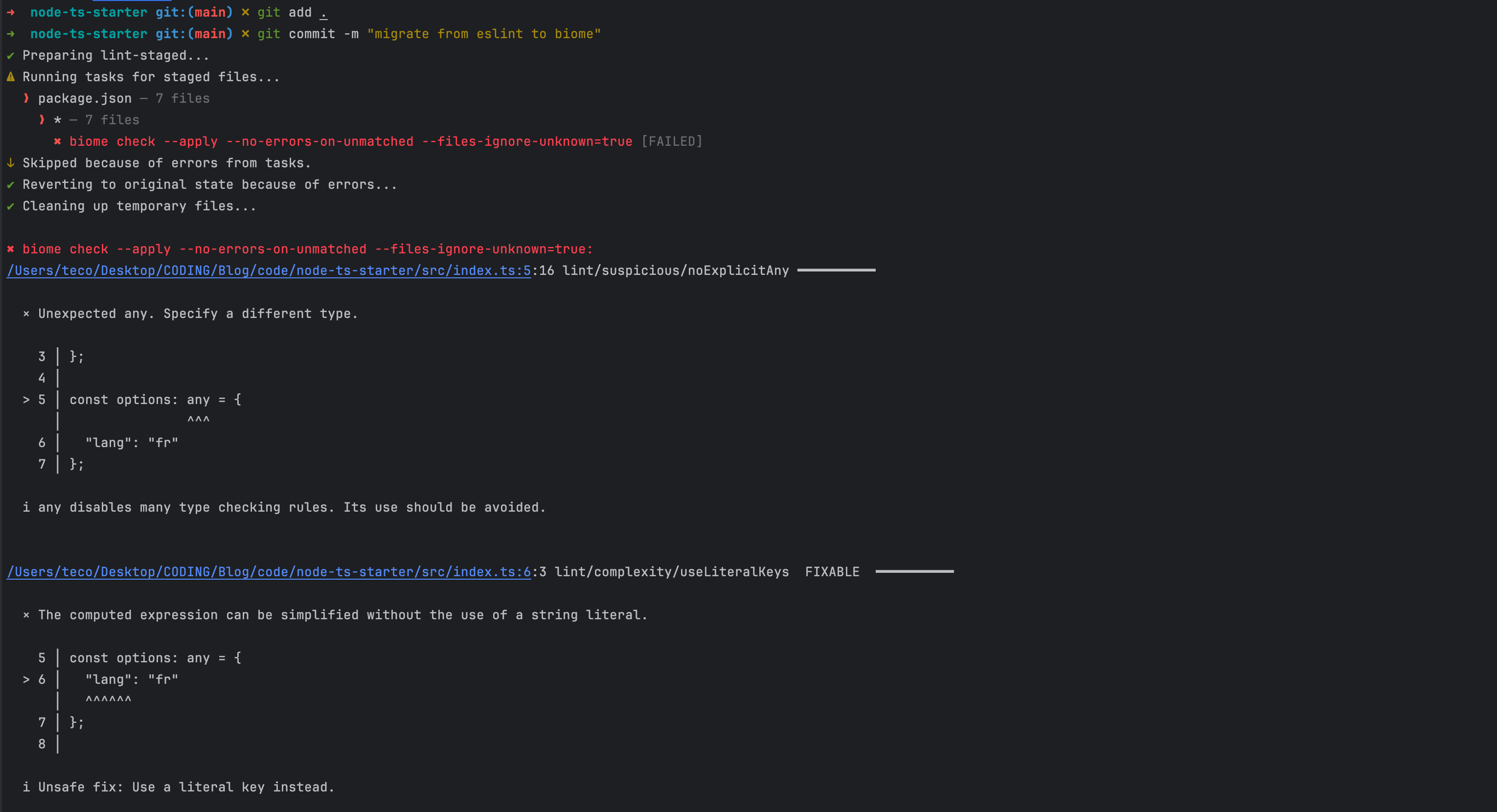 Migrate a Node.js project from ESLint and Prettier to Biome