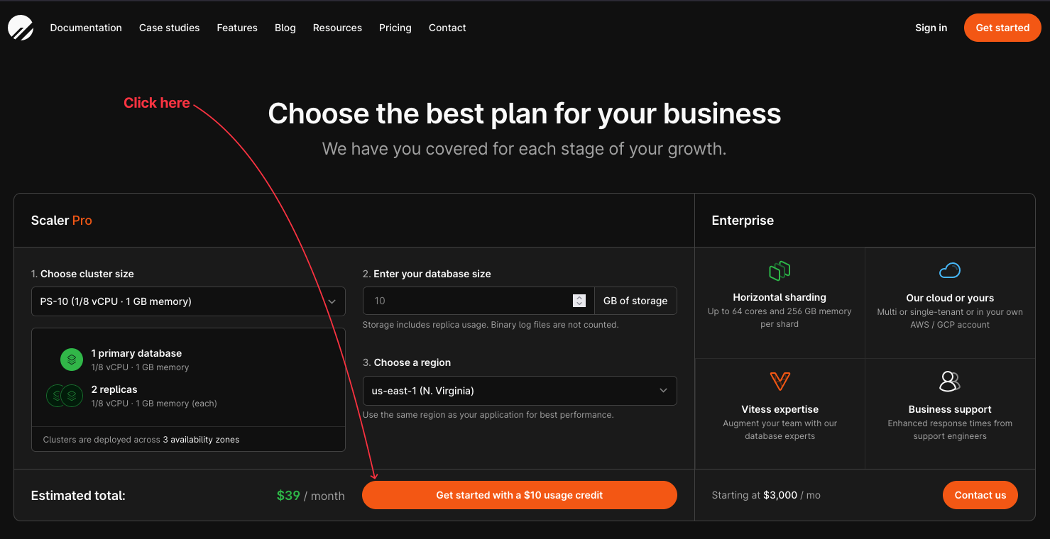 The PlanetScale pricing page.