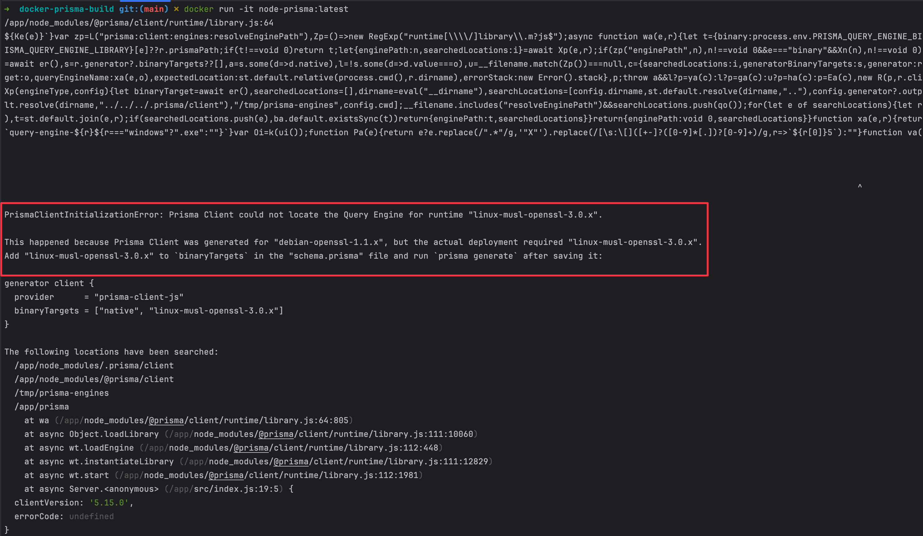 The Prisma engine error when running the Docker container.